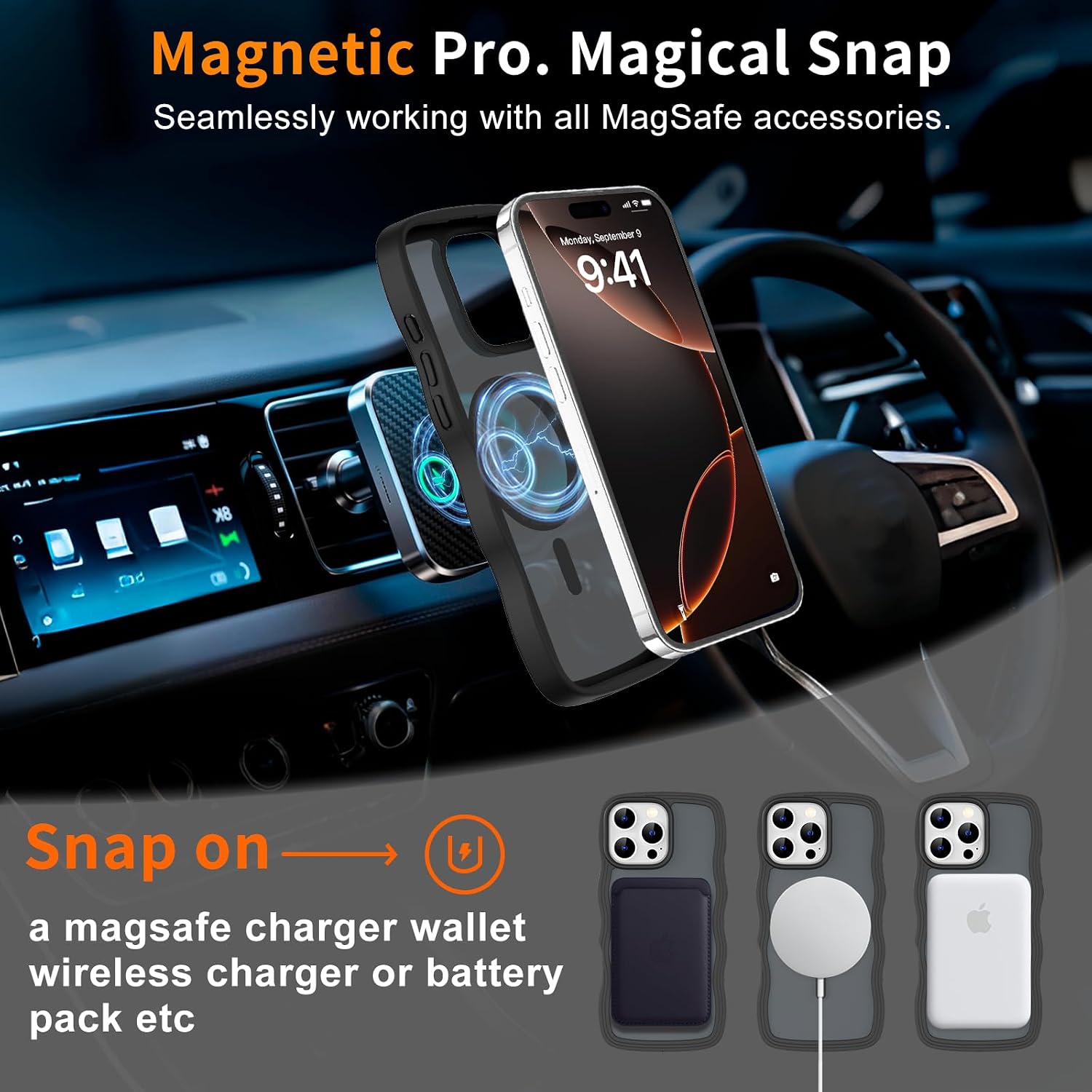 Hualele for iPhone 16 Pro Max Case Cute for Women, Compatible with MagSafe, Military Grade Dropproof Translucent Matte Back Curly Wave Edge Slim Girly Phone Case 16 Pro Max Case, Black