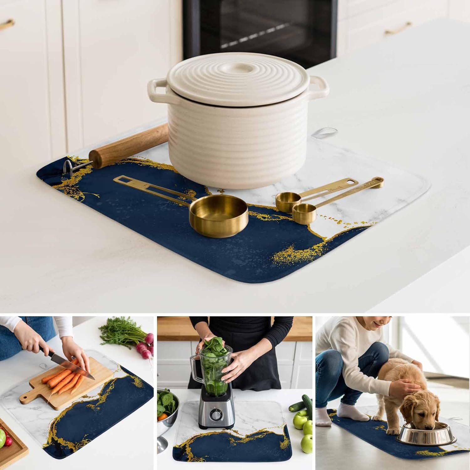 Navy Blue Gold Marble 2 Pack Dish Drying Mat for Kitchen Counter 18''x24'' Abstract Wave Absorbent Dish Bowl Dishes Drainer Mat Reversible Drying Rack Pad for Coffee Bar
