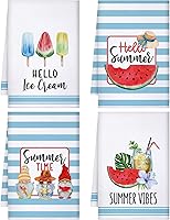 Vista 1 de Kajaia 4 toallas de cocina de verano, gnomo, sandía, té, mano, cocina, cocina, baño, toalla absorbente de color azul y blanco a rayas para cocina