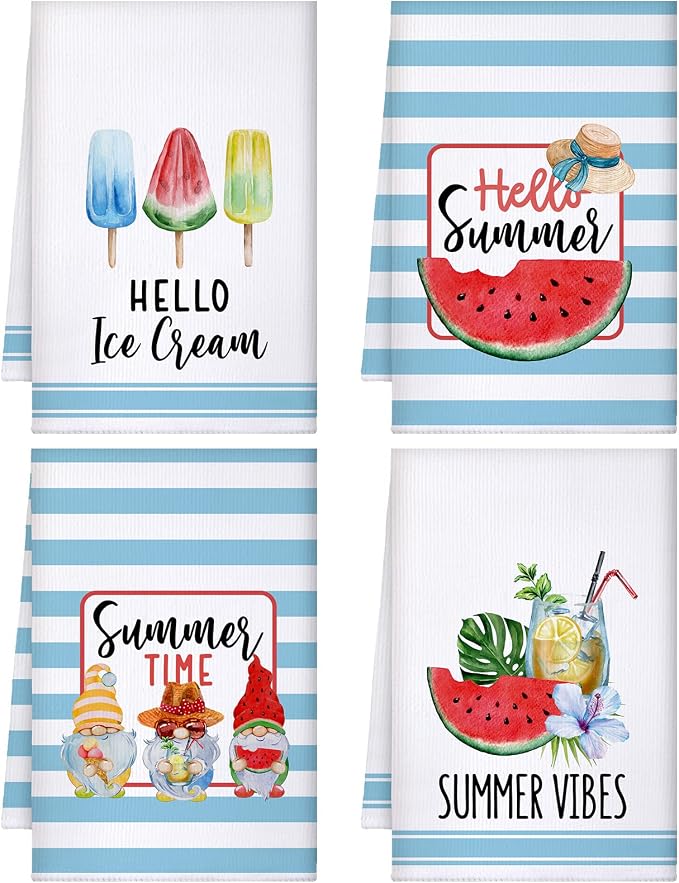 Kajaia 4 Pcs Sunflower Kitchen Towels Gnome Dish Cloth Flower Bee Lemon Sunshine Tea Hand Towels Absorbent Plaid Washcloth for Holiday Bathroom Housewarming Gifts(Summer Watermelon)