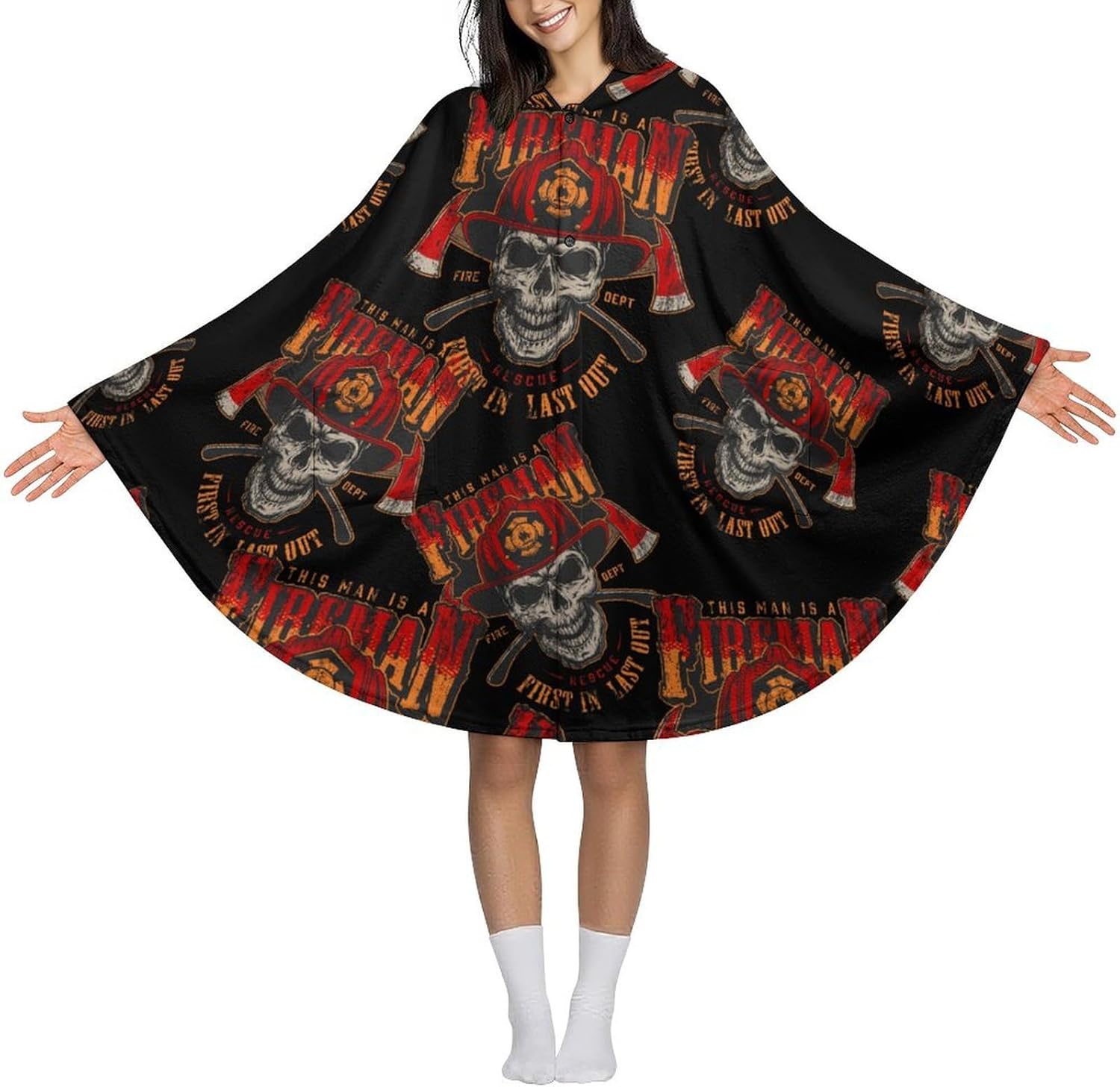 Vintage Firefighter Skull Wearable Blanket with Hooded Flannel Blankets Cape with Pocket