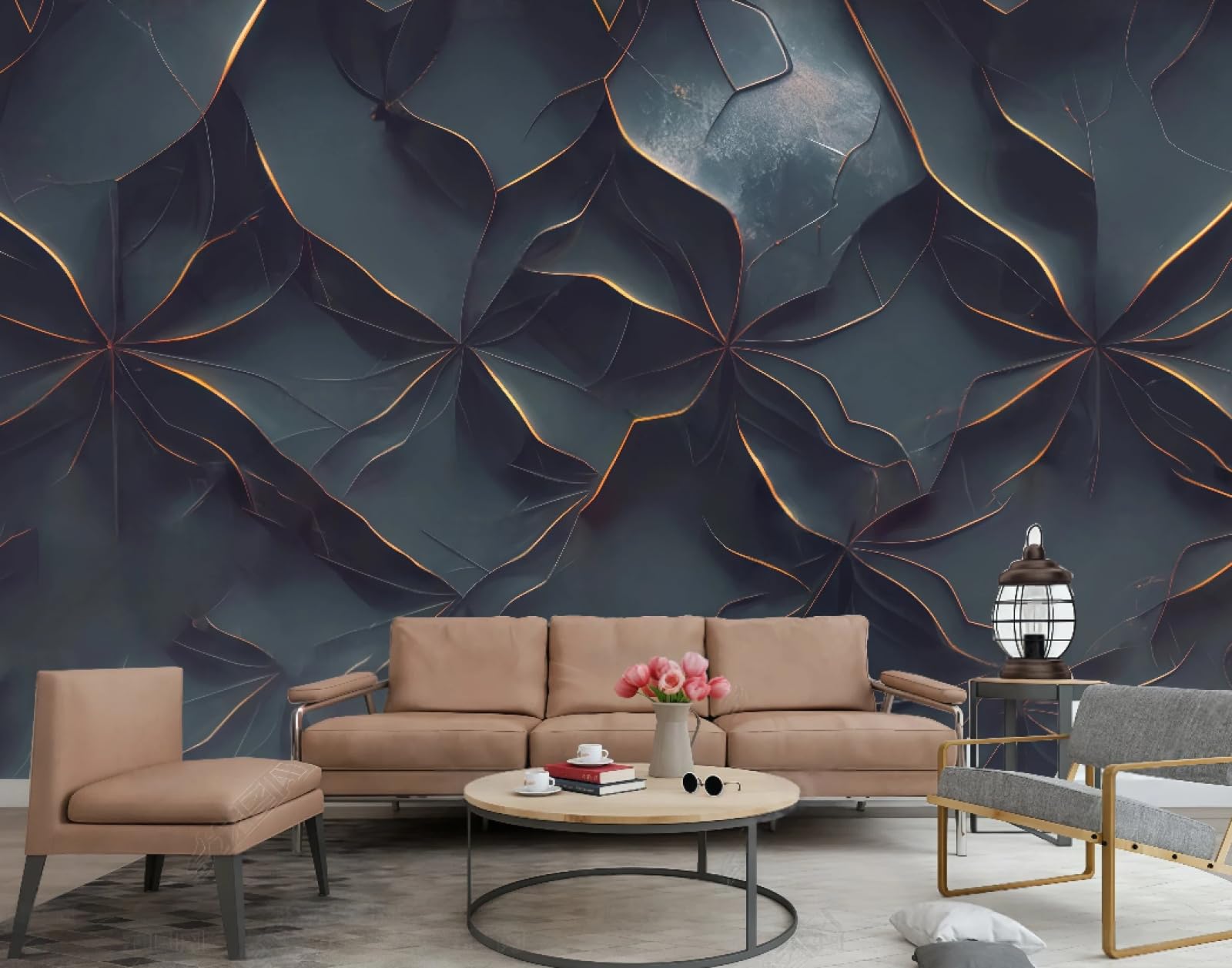 Papier peint relief floral 3D de luxe bleu et ornementation métallique pour hôtel