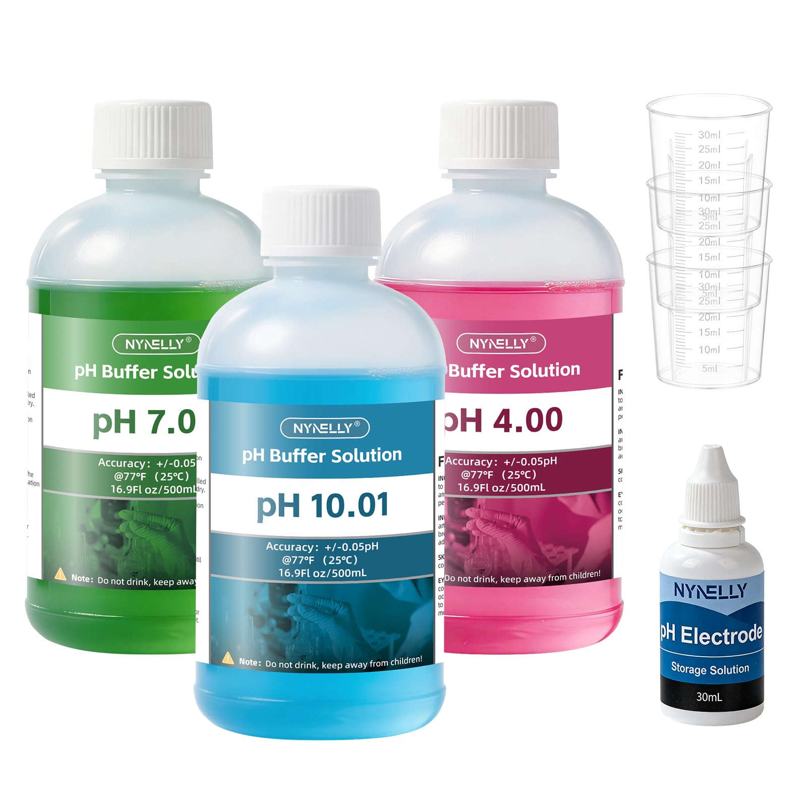 Kit de Solution d'étalonnage pour pH Metre, 3 Flacons de 500 ml Solution Tampon pH 7.00/4.00/10.01 avec 3 Gobelets Doseurs, et 30 ml Solution de Stockage de Sonde pH, Mesures de pH