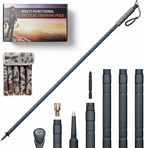 GoldPig Bastón de senderismo táctico modular de aluminio de 48 pulgadas, 6 piezas con brújula, destornillador y silbato, punta de tungsteno, bolsa