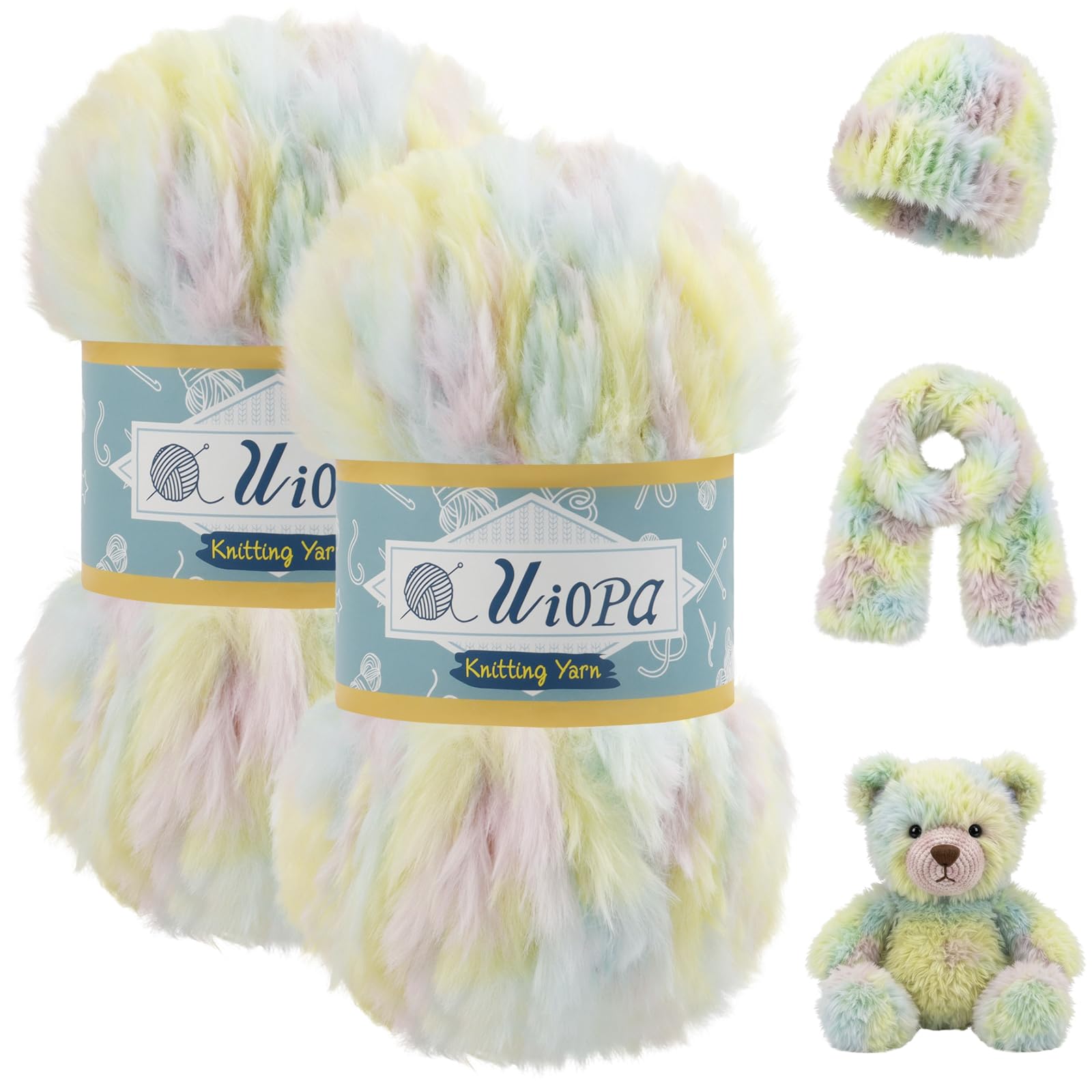 Uiopa Colorful Faux Fur Yarn, 2 x 100g (2 x 56m) Polyester Fluffy Yarn for Crochet, Plush Knitting Wool Chunky Fluffy Wool for Scarves Hats Shawls Amigurumi DIY Crafts