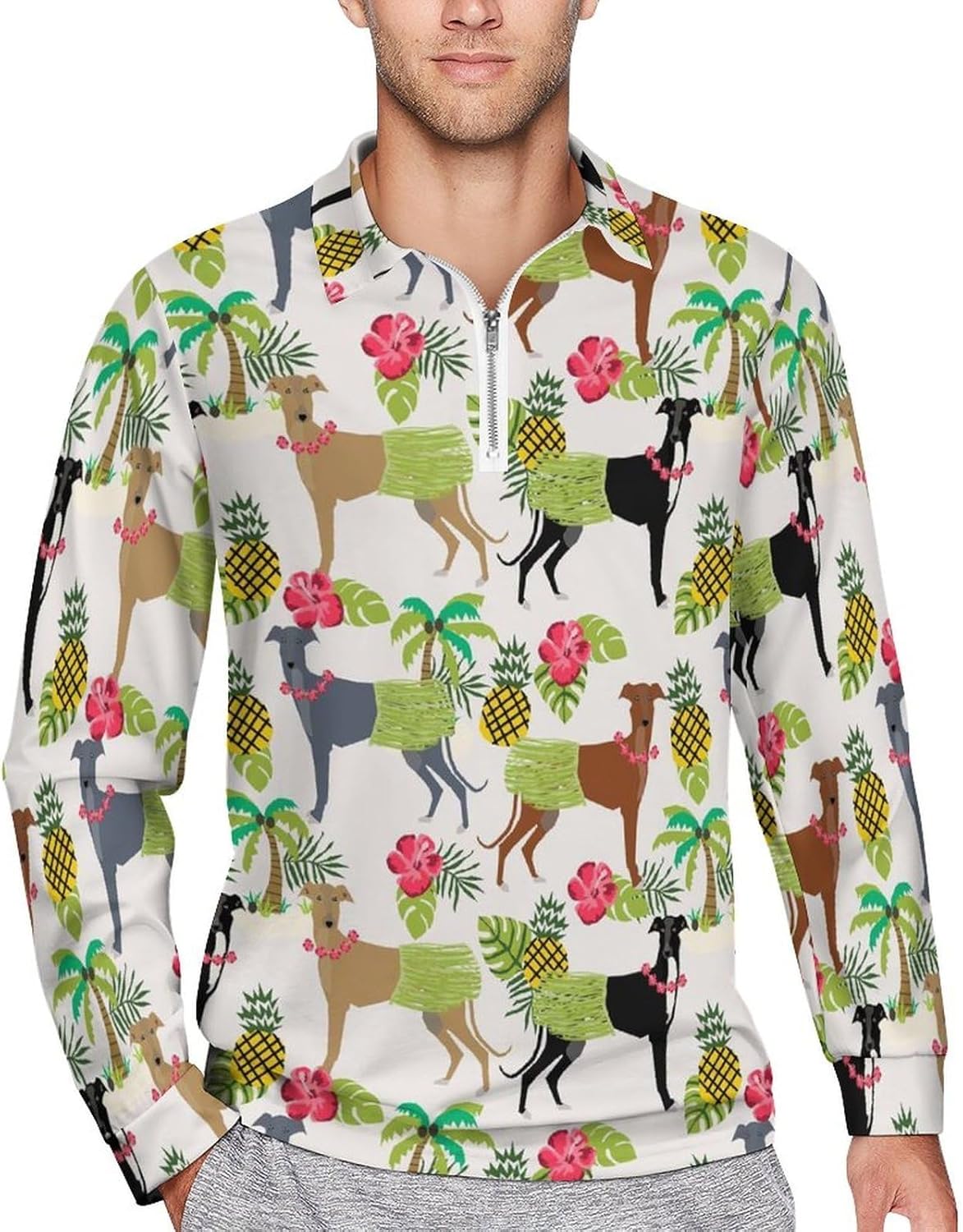 Tropical Palm Tree Hula Dancer Dog Greyhound Pattern Men's Polo Shirts Long Sleeve Golf T-Shirts Casual Collared Tee