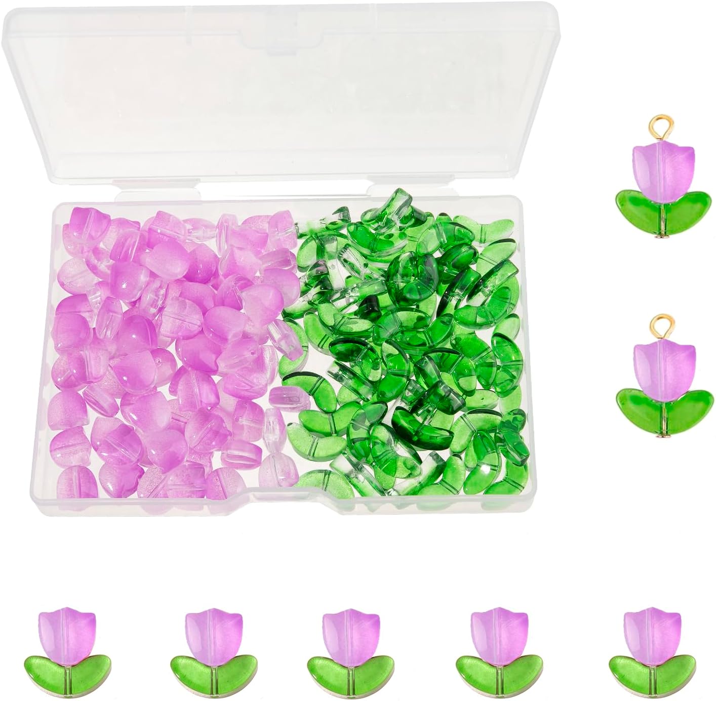 Flower Beads, 100 Sets (200pcs) Purple Tulip Flower Crystal Glass Beads, Loose Bead with Hole for DIY Jewelry Making Bracelets Necklaces Earrings Beading Projects (Purple)