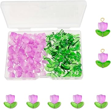 Flower Beads, 100 Sets 200pcs Purple Tulip Flower Crystal Glass Beads, Loose Bead with Hole for DIY Jewelry Making Bracelets Necklaces Earrings Beading Projects Purple