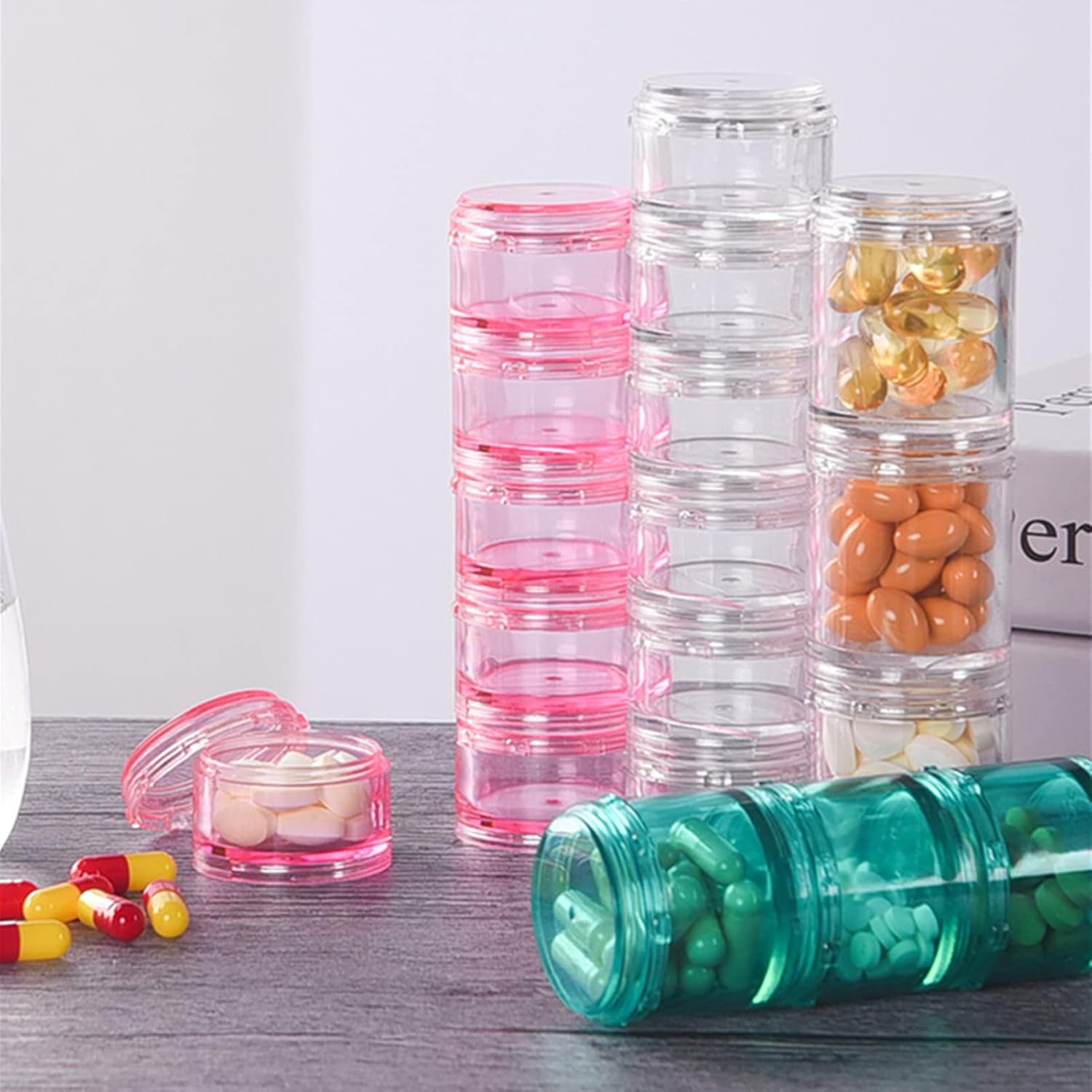 Stacking Pill Box Vitamin Organizer 7 Day Travel Case Holder Container (Multicolor, S)
