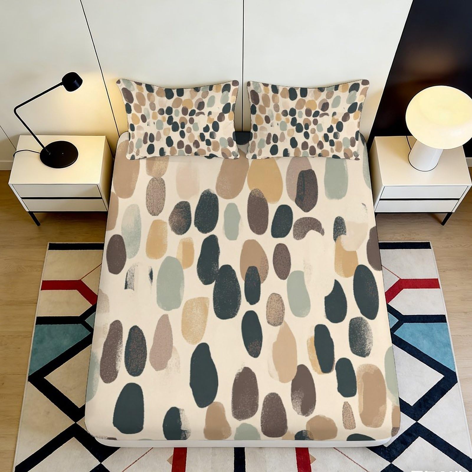 3D Printed abstract fitted sheet, soft touch microfiber, non-slip, easy care, geometric beige blue pattern, home guest room bedding 90x200x25cm