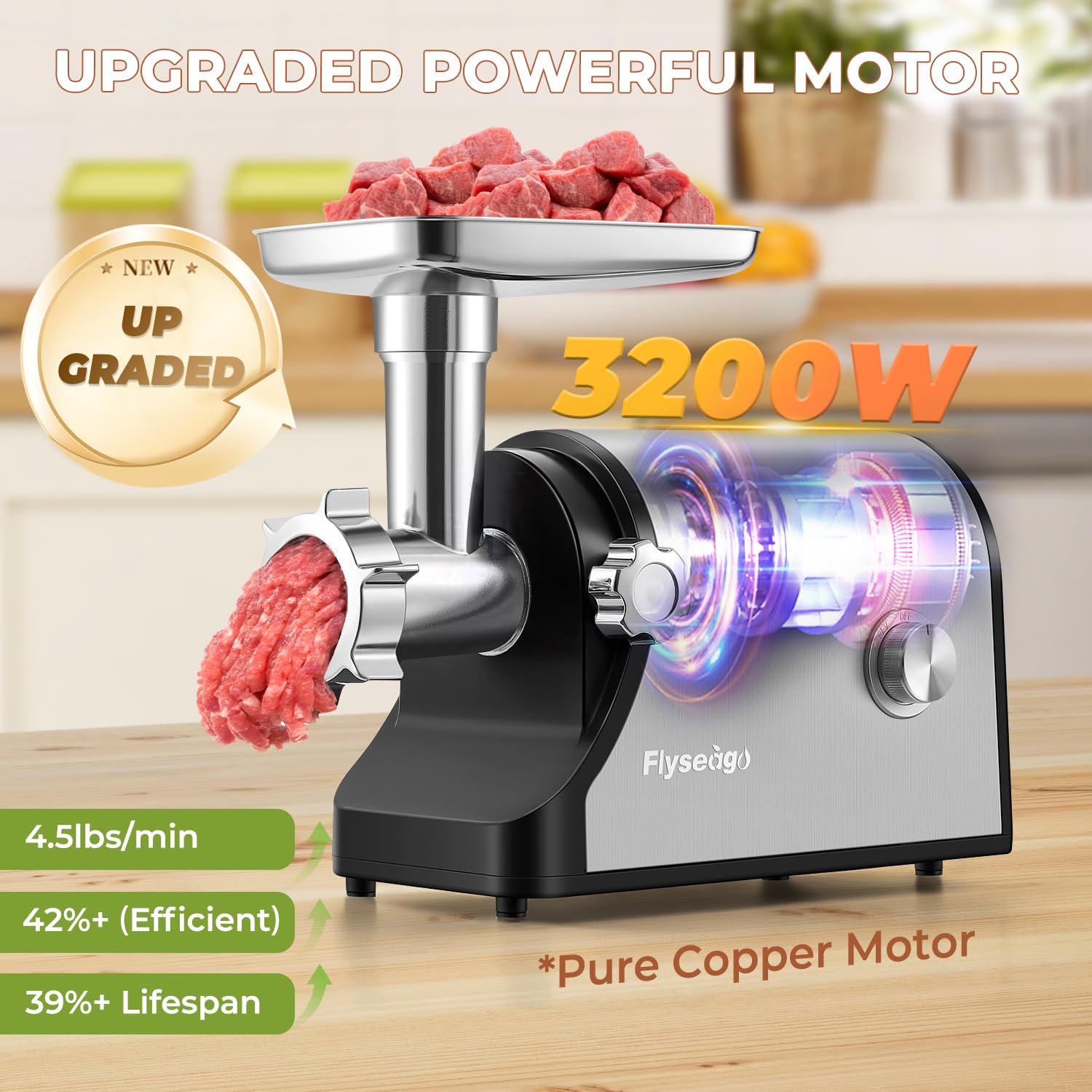 Picadora de carne eléctrica multifuncional de 3200 W, molinillo de carne comercial resistente, trituradora de verduras, cortador de hielo con 2 cuchillas, 3 placas de molienda, 3 tubos de 5