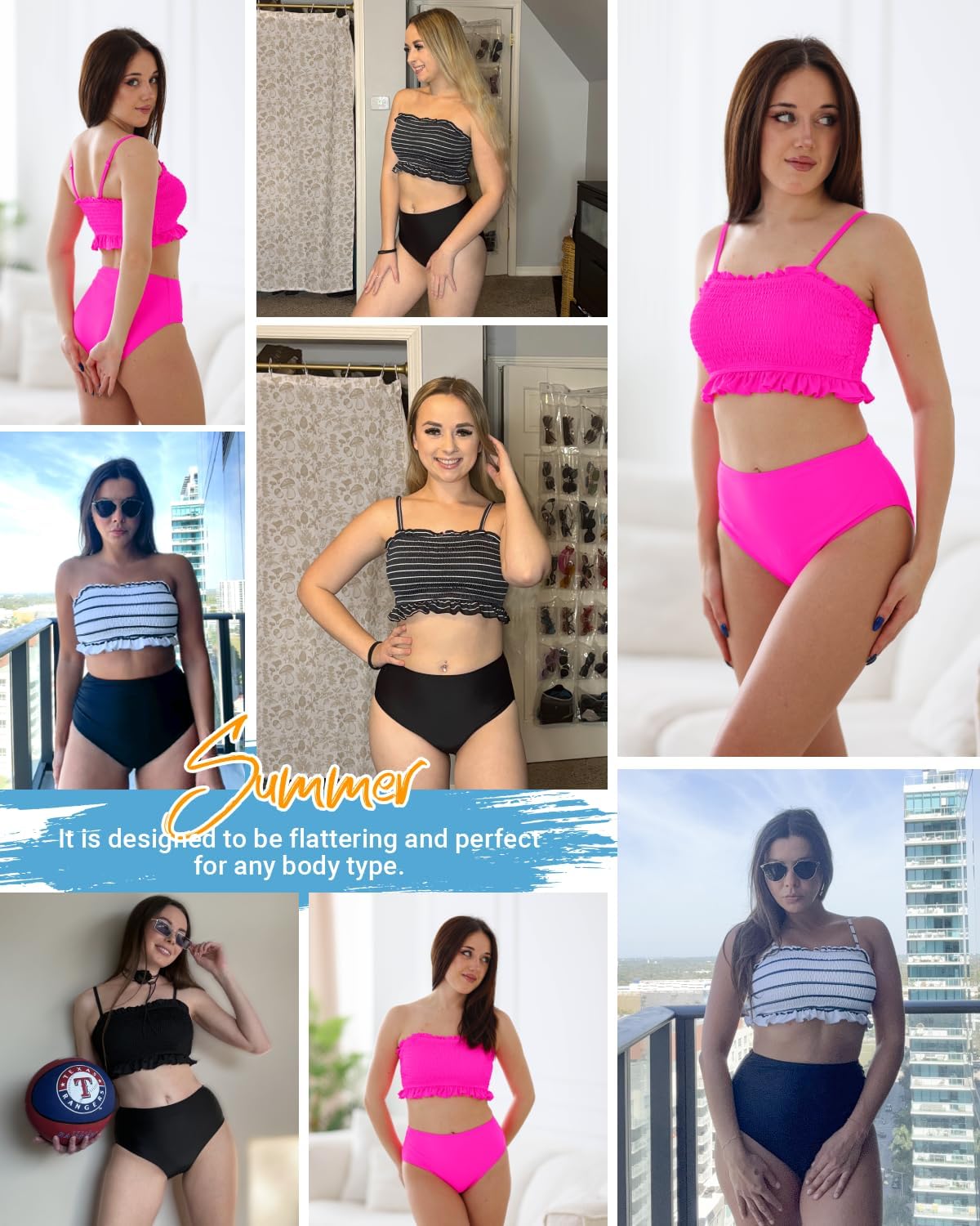 Tempt Me Women Bandeau High Waisted Bikini Sets Smocked Swimsuit Strapless Two Piece Bathing Suit