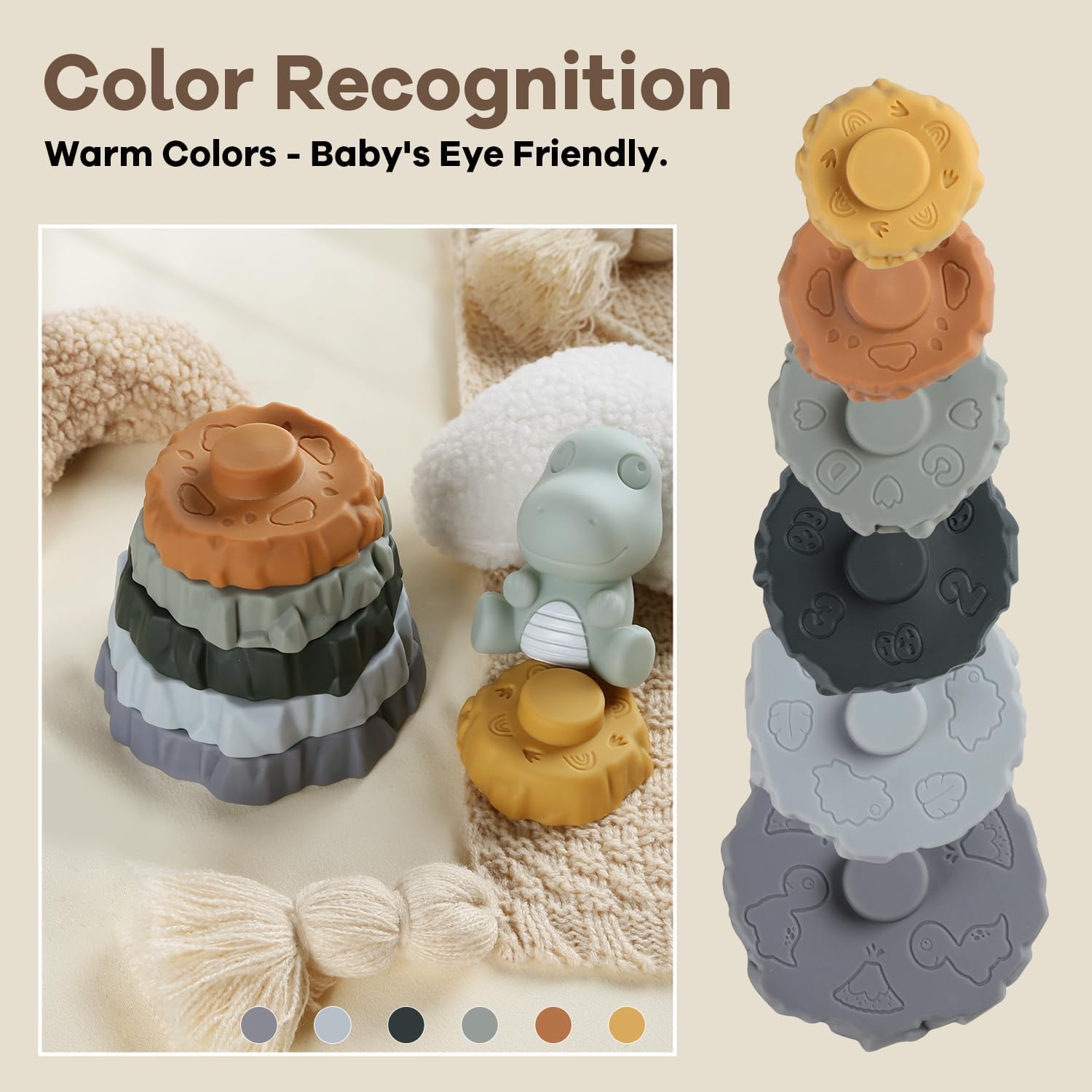 Stacking & Nesting Baby Teething Toy, 7 Pcs Soft Building Rings Stacker Toys with Dinosaur Figure, Newborn Essentials Sensory Learning Toys for 6+ Months Infant Toddler Boys Girls
