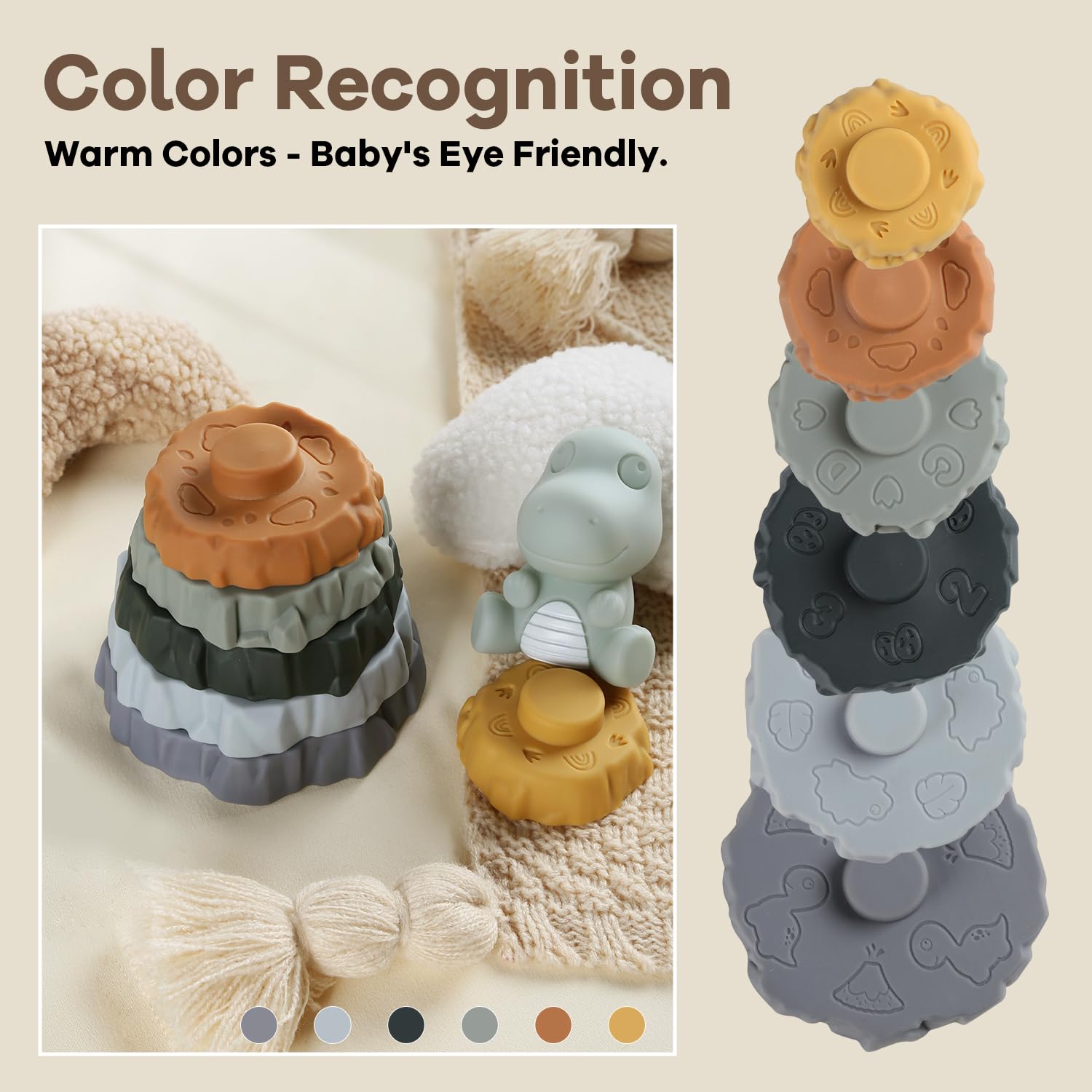 Yrkidstoi Baby Stacking Toys, 7 Pcs Soft Ring Stacker Teething Toys with Dinosaur - Image 3