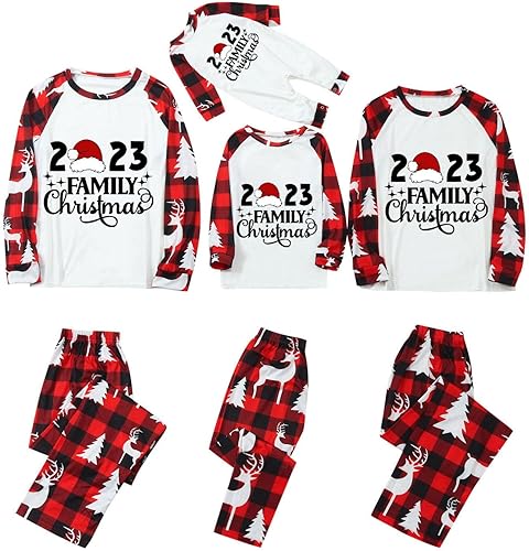 Pijamas de Navidad a juego para la familia, pijamas clásicos de Navidad a cuadros rojos, divertidos pijamas lindos conjuntos de ropa de dormir