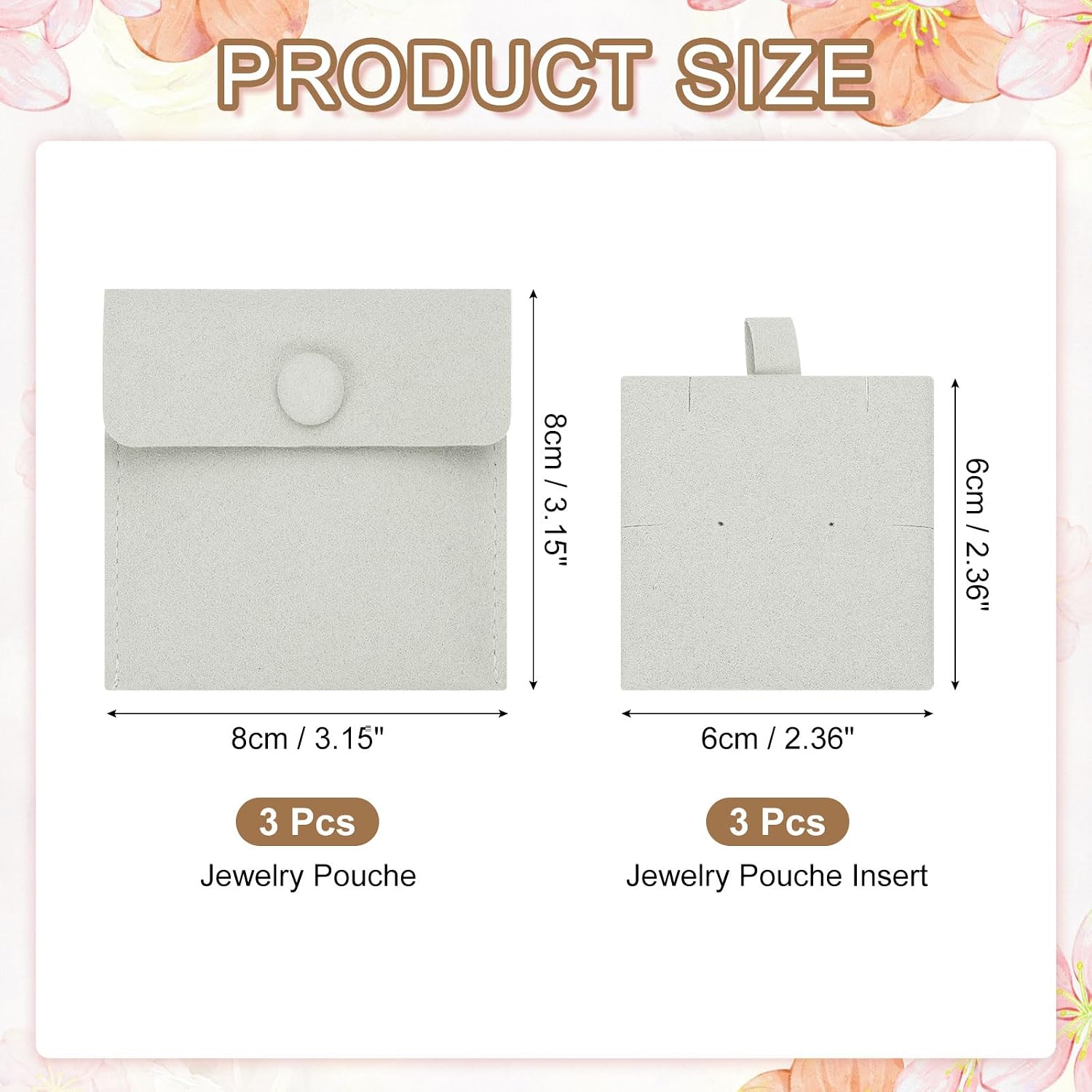 PATIKIL 8 x 8 cm Microfiber Jewelry Pouches, Snap Button Velvet Jewelry Pouches with Insert Luxury Gift Bag for Storing Ring Bracelets Necklaces Earring Envelopes, 3 Pcs (Gray)