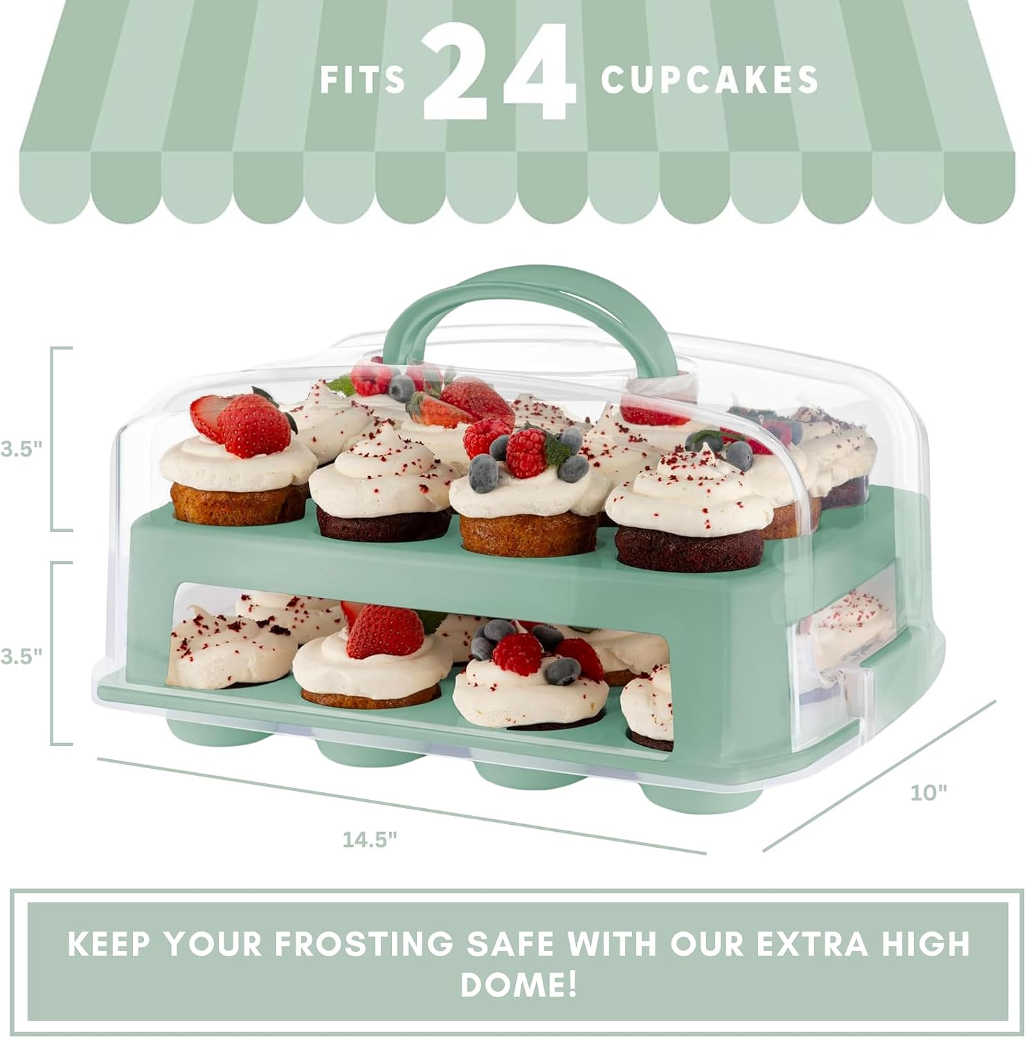 EXTRA TALL DOME 24 Cupcake Carrier, Green Cupcake Holder Carries 24 Cupcake Storage Container, Muffin Traveler Two Tier Stand Reusable Cupcake Box