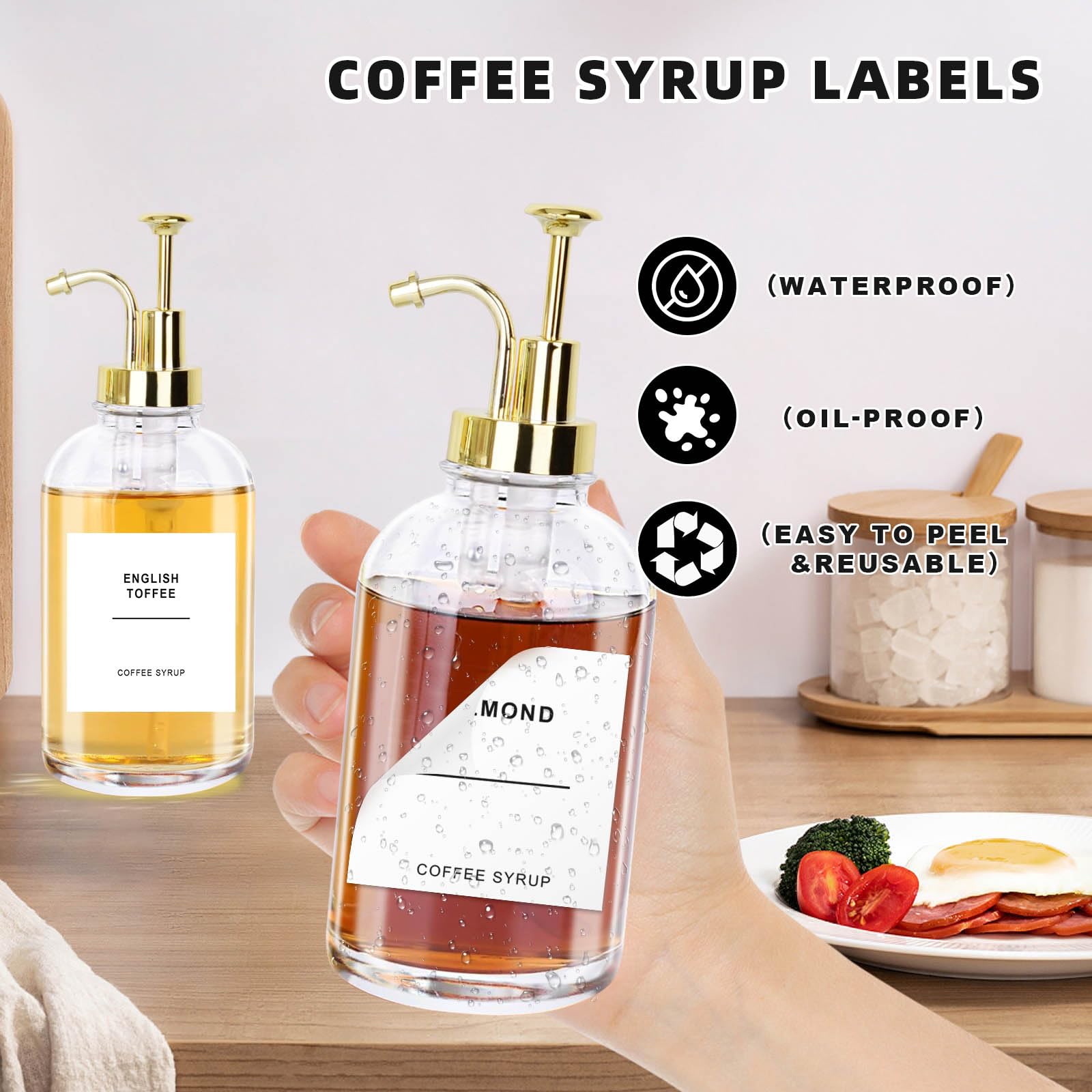 Sunal Koffiesiroopdispenser, set van 3 glazen siroopdispensers, 500 ml/16,9 oz, gouden honingpompfles met 36 waterdichte etiketten, 1 tray en 1 siliconen trechter voor keuken, koffiebar Sunal Koffiesiroopdispenser, set van 3 glazen siroopdispensers, 500 ml/16,9 oz, gouden honingpompfles met 36 waterdichte etiketten, 1 tray en 1 siliconen trechter voor keuken, koffiebar
