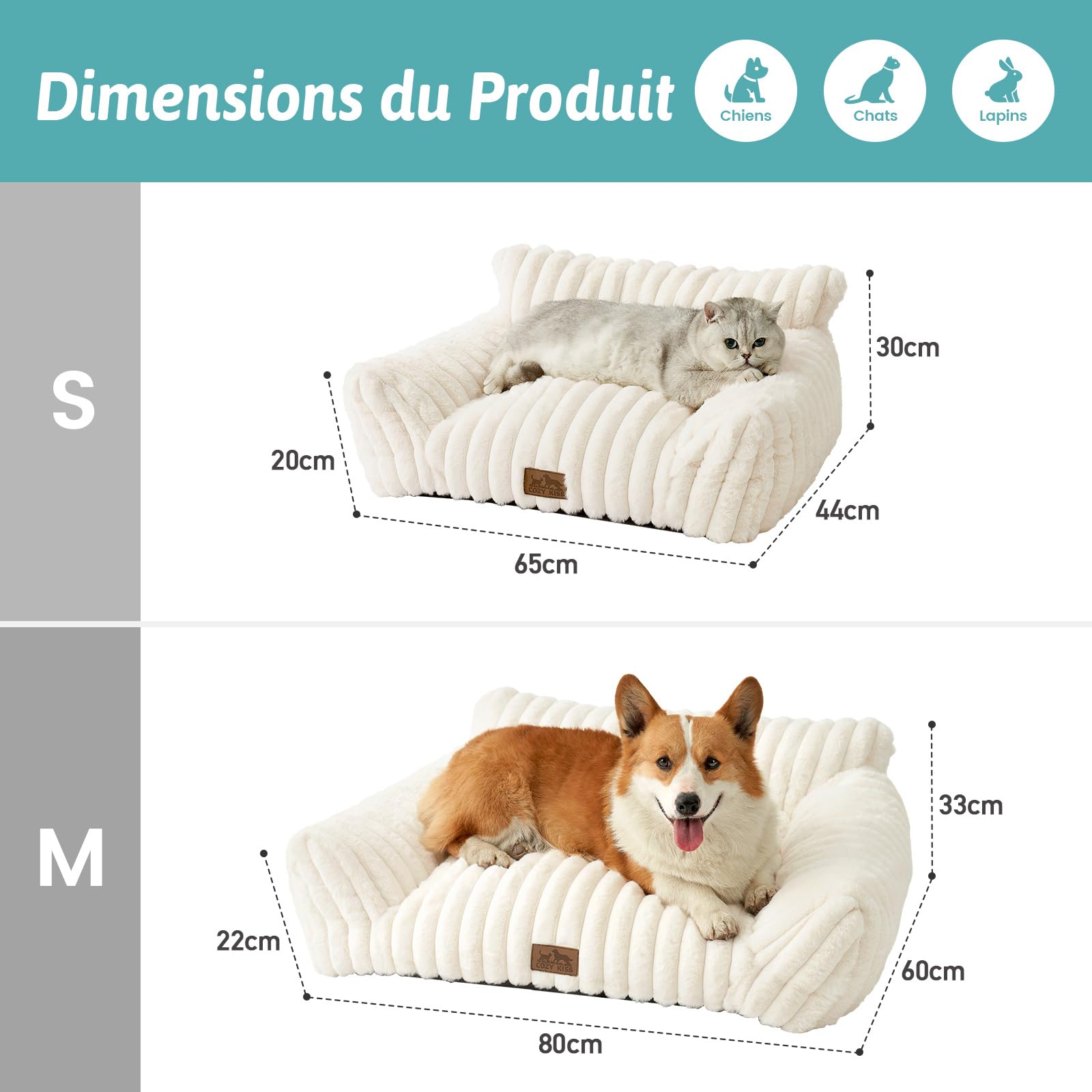 COZY KISS Grand Panier-Lit-Canapé pour Chat à Design Corde 65x44x30cm pour Petits Chiens et Chats, Fourrure Synthétique Douce, Duveteux et Doux, Soutien Tête et Cou, Antidérapant et Lavable, Crème