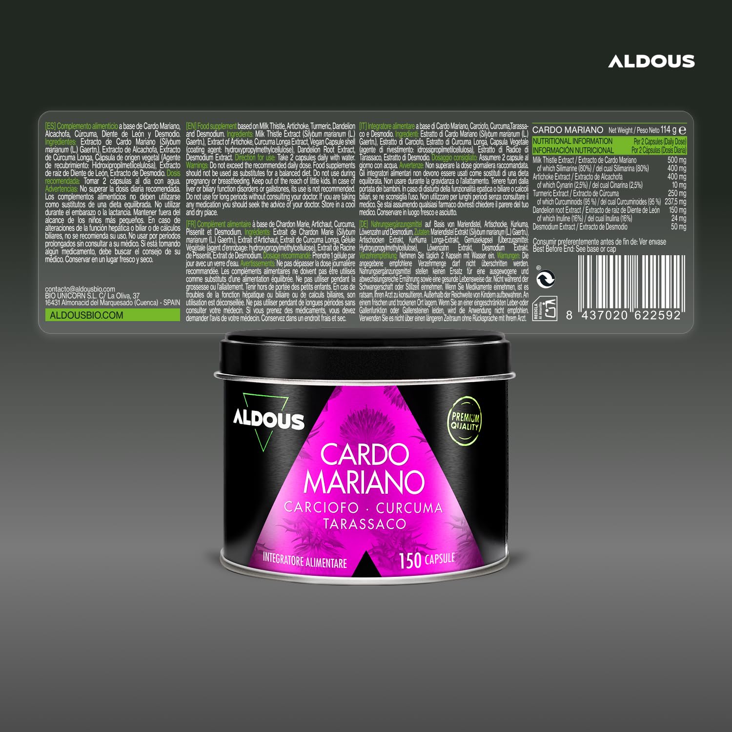 Cardo Mariano Tarassaco e Carciofo con Curcuma e Desmodio - 150 Capsule - 80% di Silimarina - Integratore Detox Fegato e Intestino - Depurativo Fegato - Gonfiore addominale - Cardo Mariano Fegato