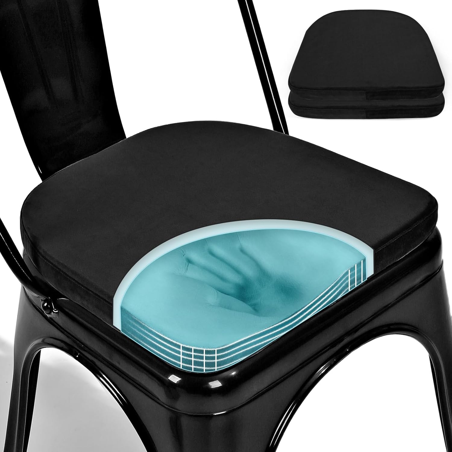 SINOSSO Kitchen Magnetic Metal Chair Cushions Set of 2, 14″ Luxury Velvet Memory Foam Seat Pads for Cafe Stackable Chair (U-Shape, Black, 2)