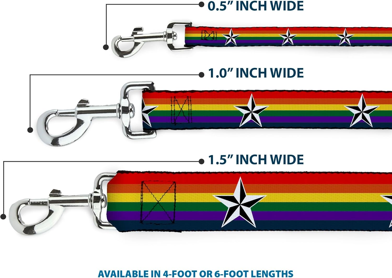 Buckle-Down Pet Leash - Nautical Star Rainbow/White/Black - 6 Feet Long - 1.5" Wide