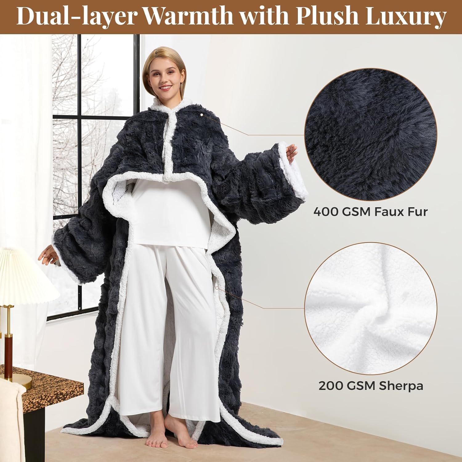 Wearable Heated Blanket, Luxury Faux Fur & Sherpa Electric Throw Blanket with Sleeves, Foot Pockets, Heated Robe for Women Men Gift, 3 Heat Levels & 12H Timer, ETL & FCC Certified, 52"x 72", Dark Grey - Image 2