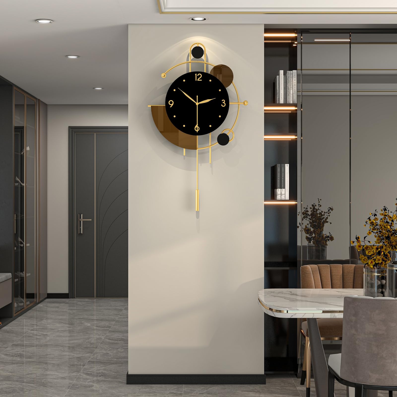 Moderne Wanduhr für Wohnzimmer, Dekoration, große, dekorative goldene Metall-Wanduhr mit Pendel, leise, Qualität, Quarz, große Uhr, batteriebetrieben, nicht tickend, für Küche, Büro