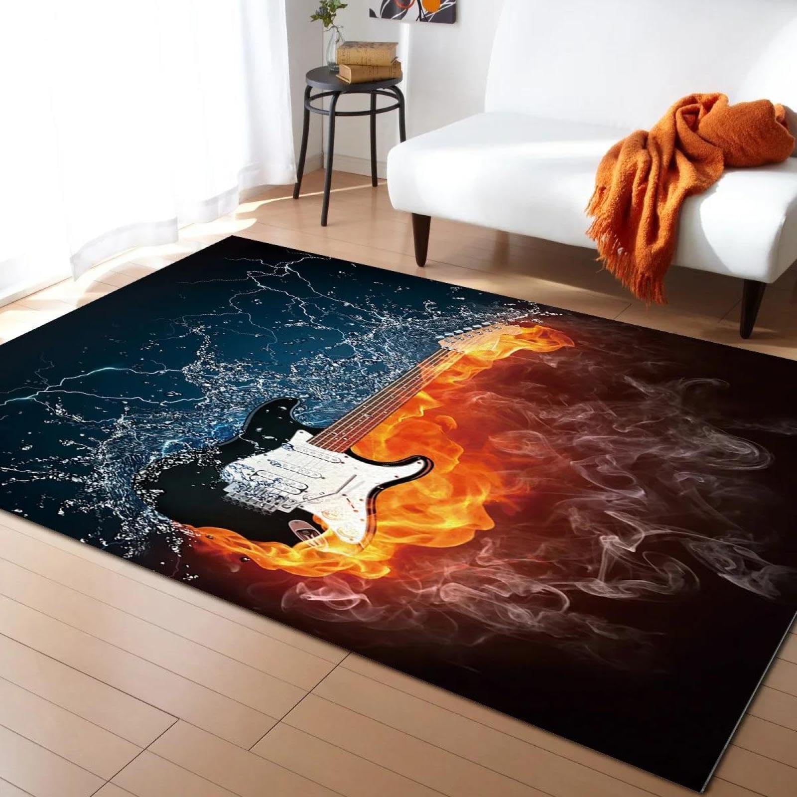 Tapis antidérapant guitare de feu 3D pour sécuriser le salon