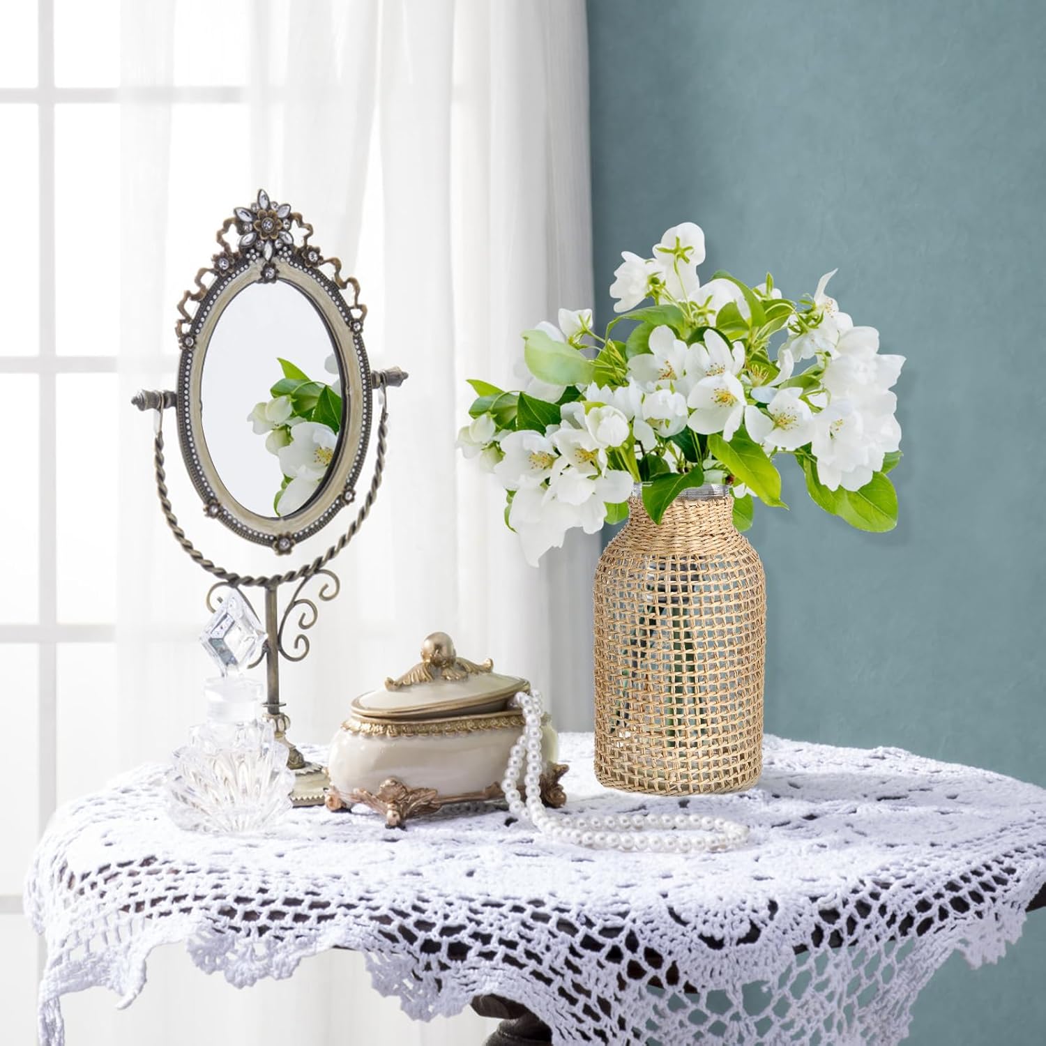 DOITOOL Glass Vase with Rattan Cover, Farmhouse Rattan Vase, Wicker Vase Flower Bud Vase, Decorative Flower Vase Floral Container for Floral Arrangements Housewarming Party Home Decor (L+XS)