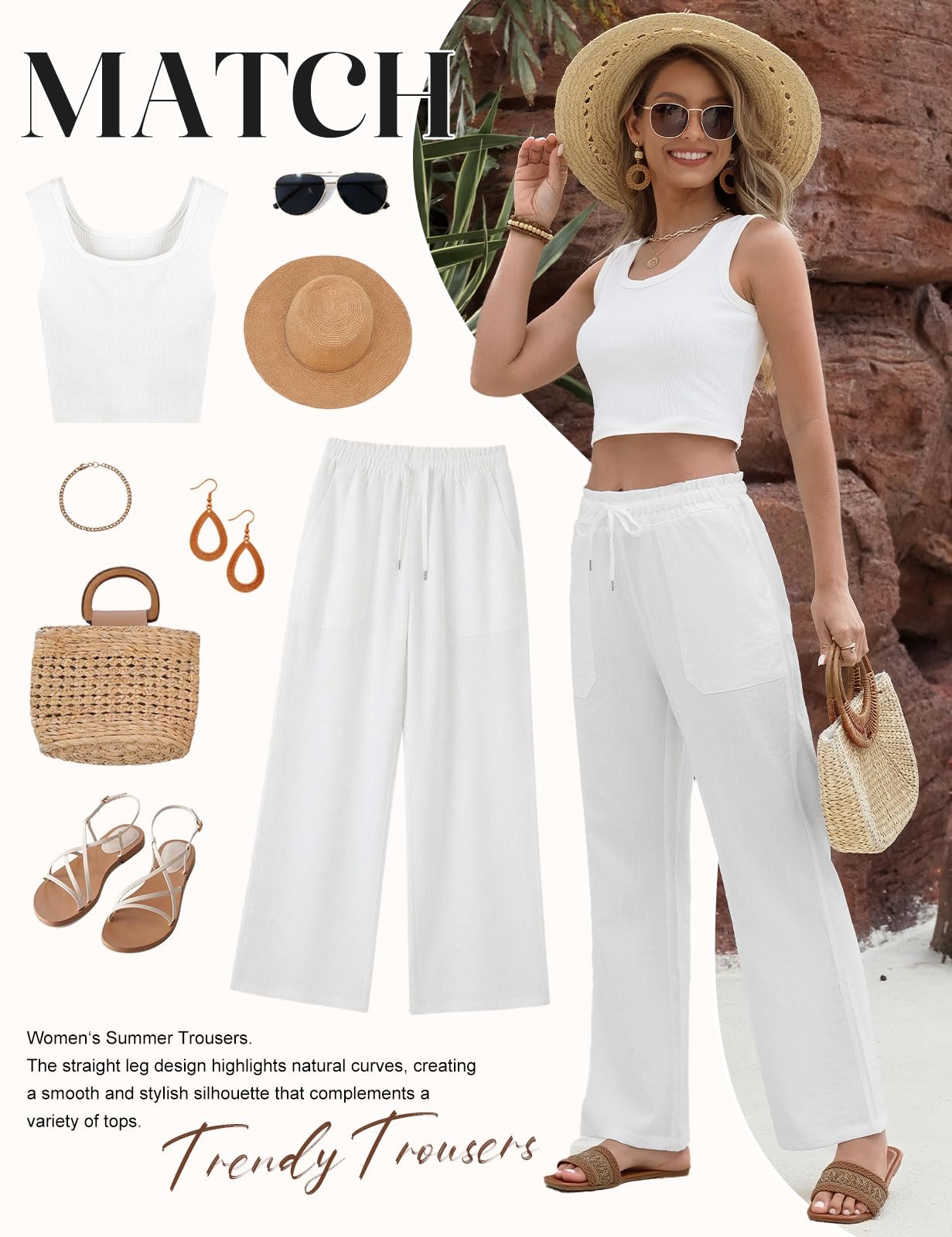 Pantalon Femme Été Fluide Pantalons Taille Haute Elastique Pantalons Décontractés Ample Droites Longueur Palazzo Pants Léger Chic et Elegant avec Cordon Poches