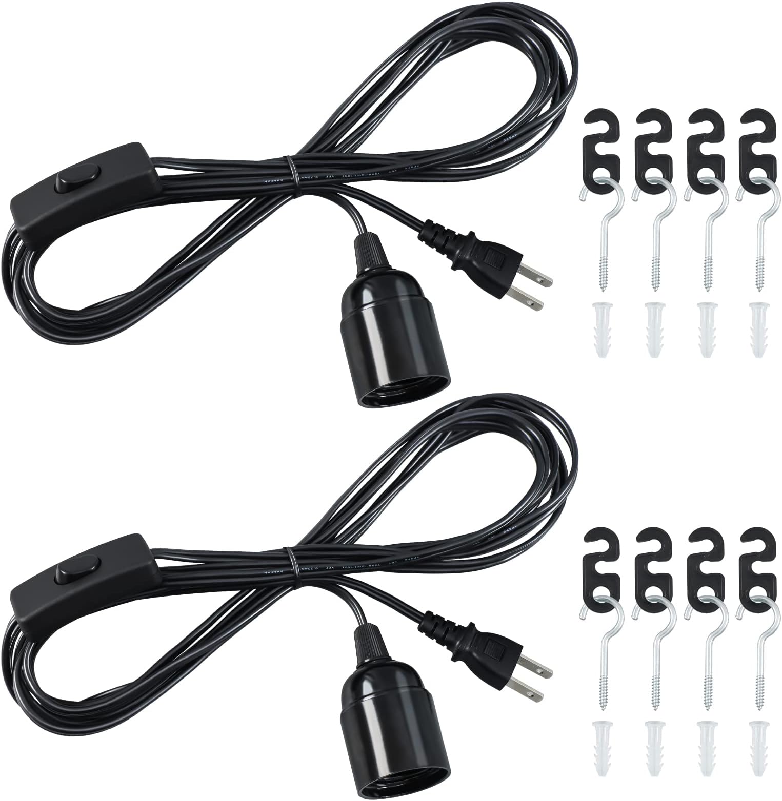 Bulb Socket, E26, 13.1 ft (4 m), Corded Socket, Outlet with Intermediate Switch, No Construction Required, Lighting Fixture, Stylish, Black, Set of 2 (Bulbs Not Included)