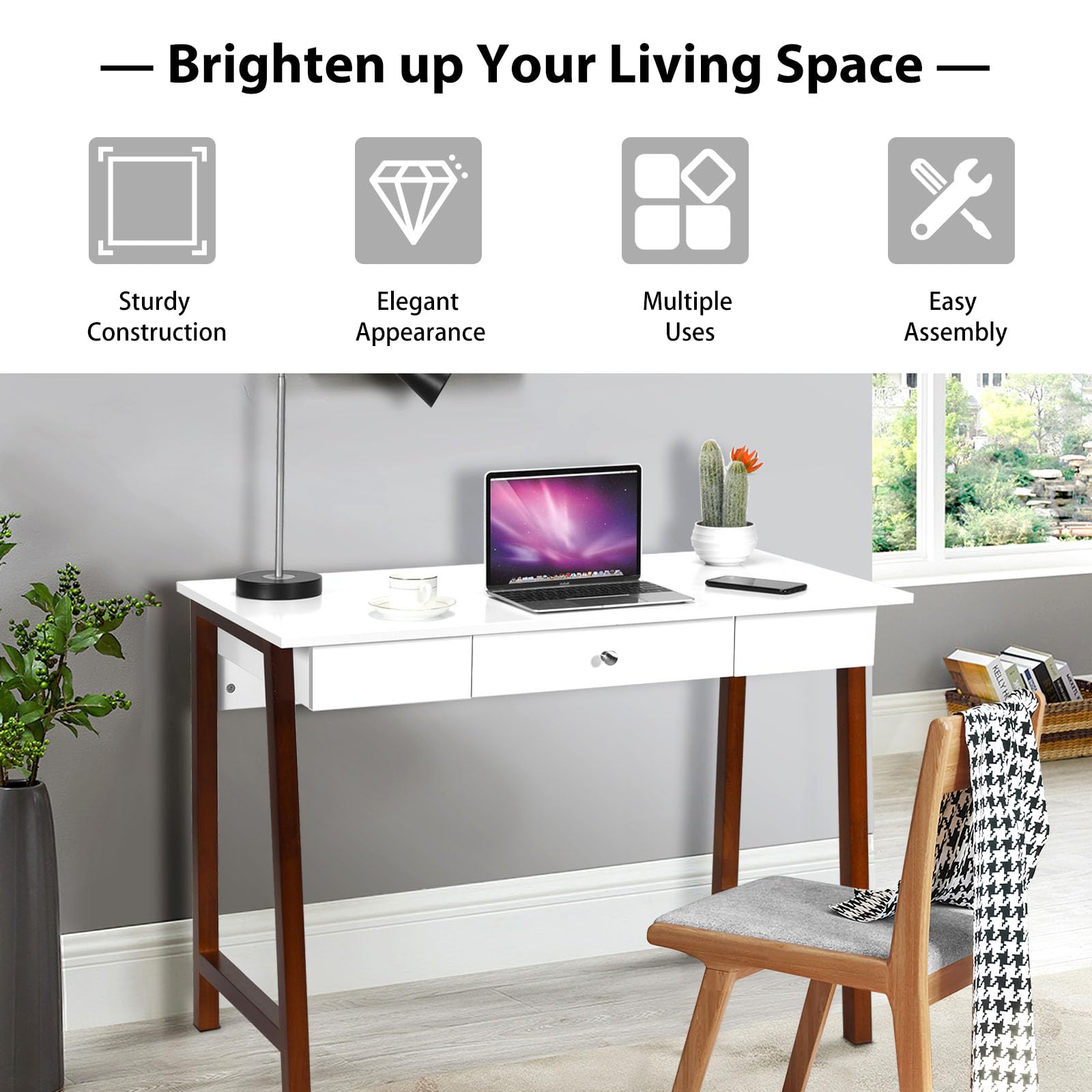 LIFEZEAL Scrivania con 1 Cassetto, Gambe in Legno Massello, Scrivania Ufficio Porta Computer, Salvaspazio, Compatto, Moderno, Scrittoio, Postazione di Lavoro, per Studio, Max 54kg, 106x50x75,5 cm