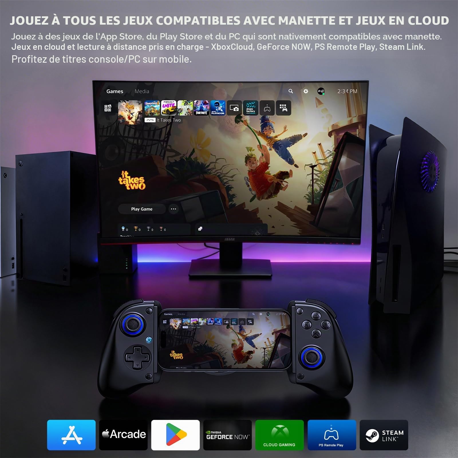 Joso Manette de jeu mobile cloud pour iPhone 16/15/14, iPad, tablette, Android/PC/Switch/manette de jeu avec fonction turbo, streaming sur PS4/Xbox/PC, effet Hall/déclencheur Hall Noir