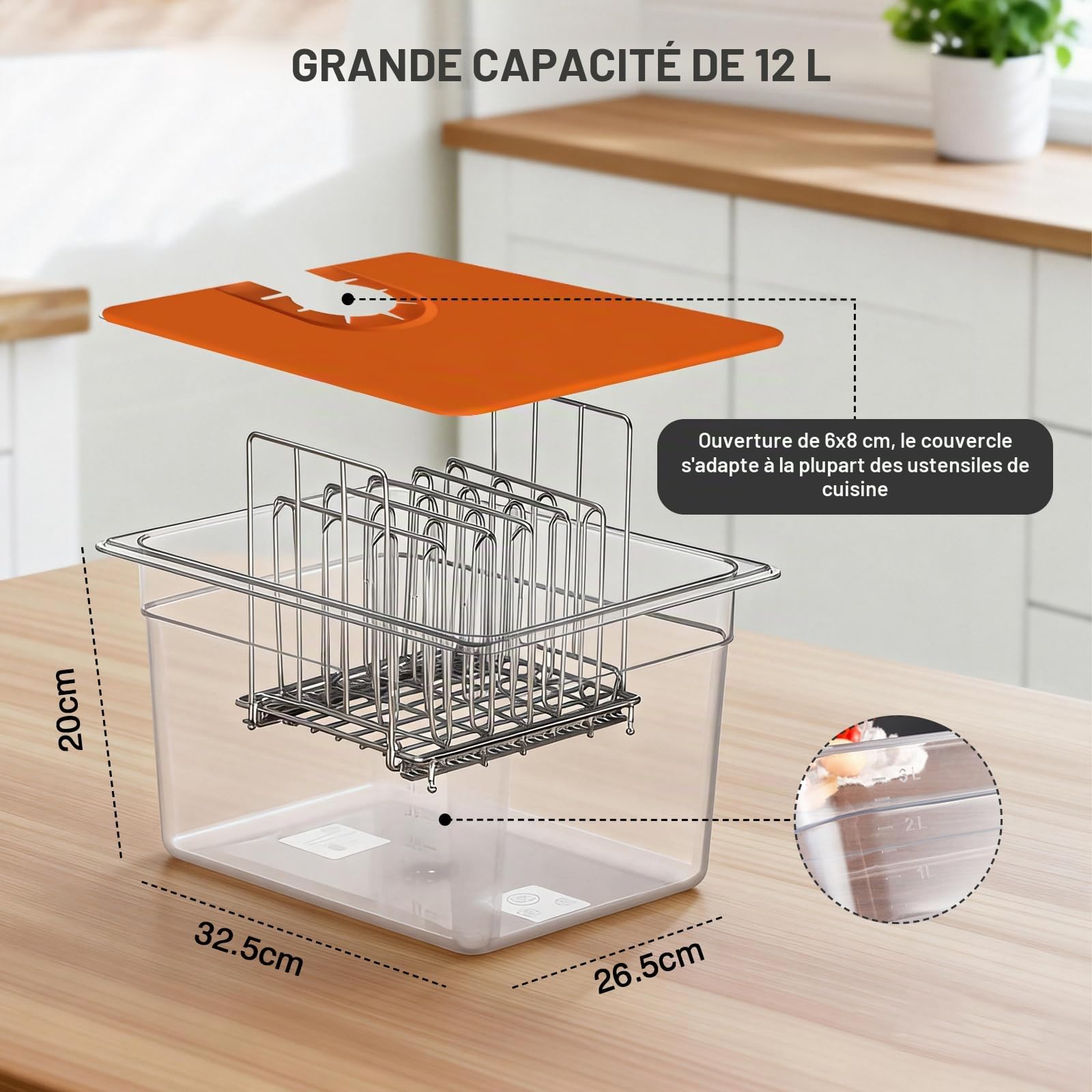Conteneur Cuisson sous Vide Basse Température 12L, Recipient pour Thermoplongeur avec Manchon et Étagère en Silicone, Compatible avec Plupart des Appareils Sous Vide