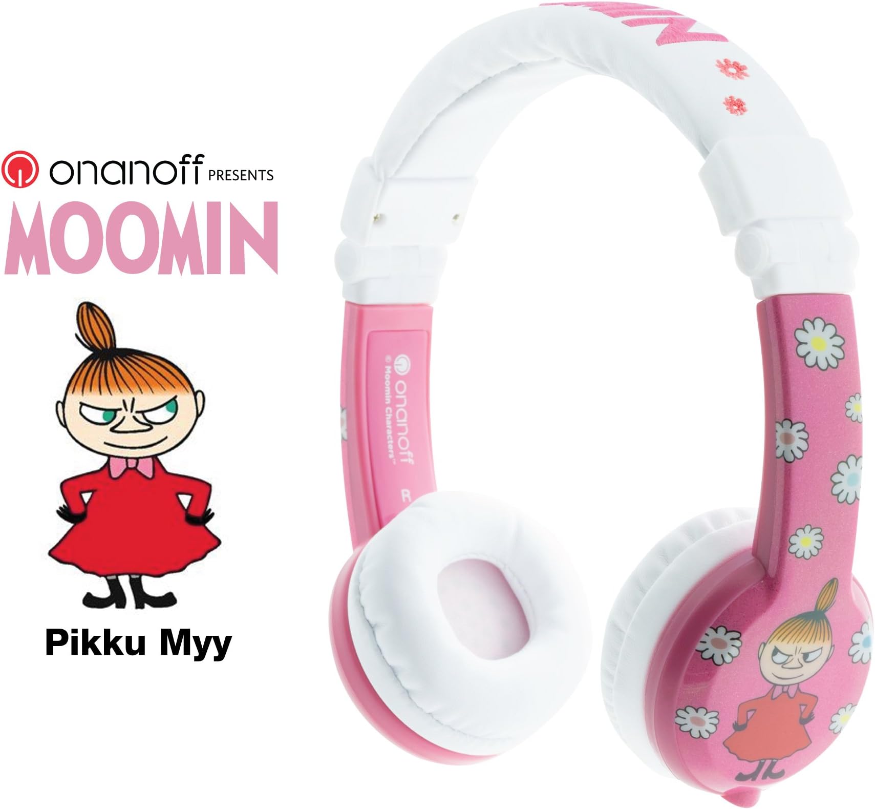 Volume Limiting Kids Headphones by Onanoff - Moomin Foldable | Durable & Comfortable | Built in Headphone Splitter and In Line Mic | Great for School | For iPad, Kindle, Computers & Tablets | Pink