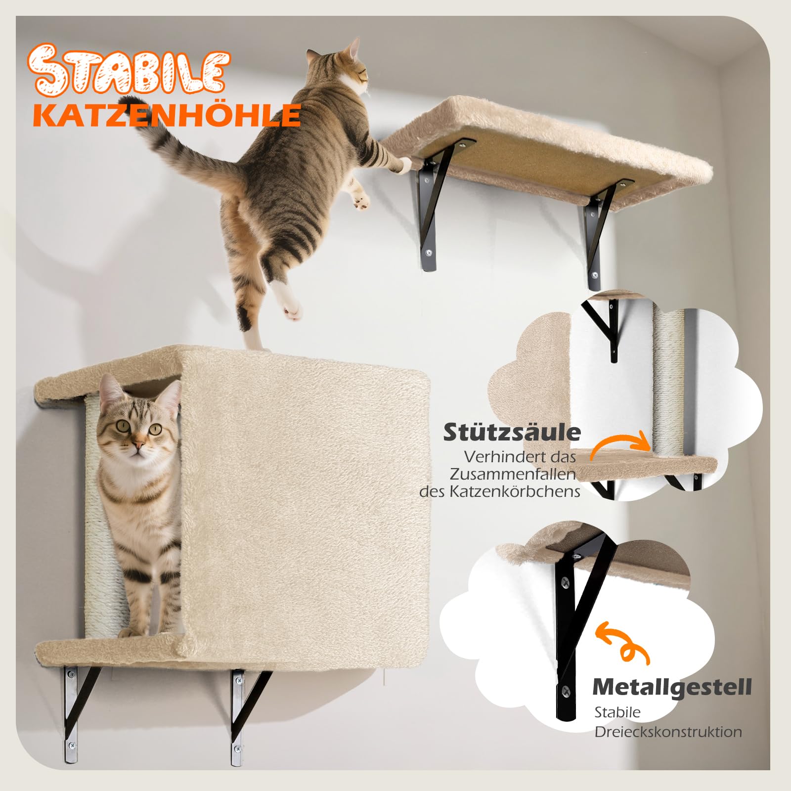 Kletterwand Katzen 10-teilig, Wandmontage Katzenmöbel Set mit Katzenbrücke, Katzenhaus, Kratzbaum & Hängematte, Stabiler Katzentreppe bis 10 kg, Beige