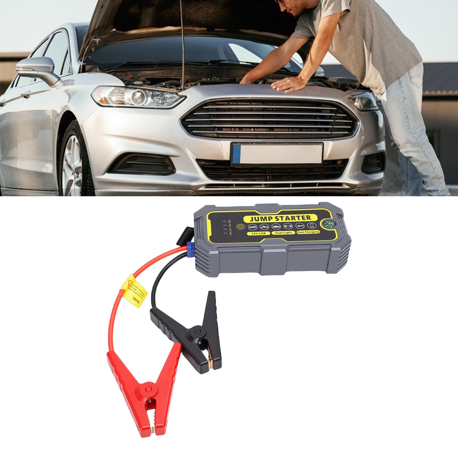 Avviatore di Emergenza per Auto 6000A, Batteria Portatile da 12 V con Ricarica Rapida PD e Display Digitale, per Motori a Gas Fino a 7,0 Litri o 5,5 Litri, (Unità principale+Morsetto