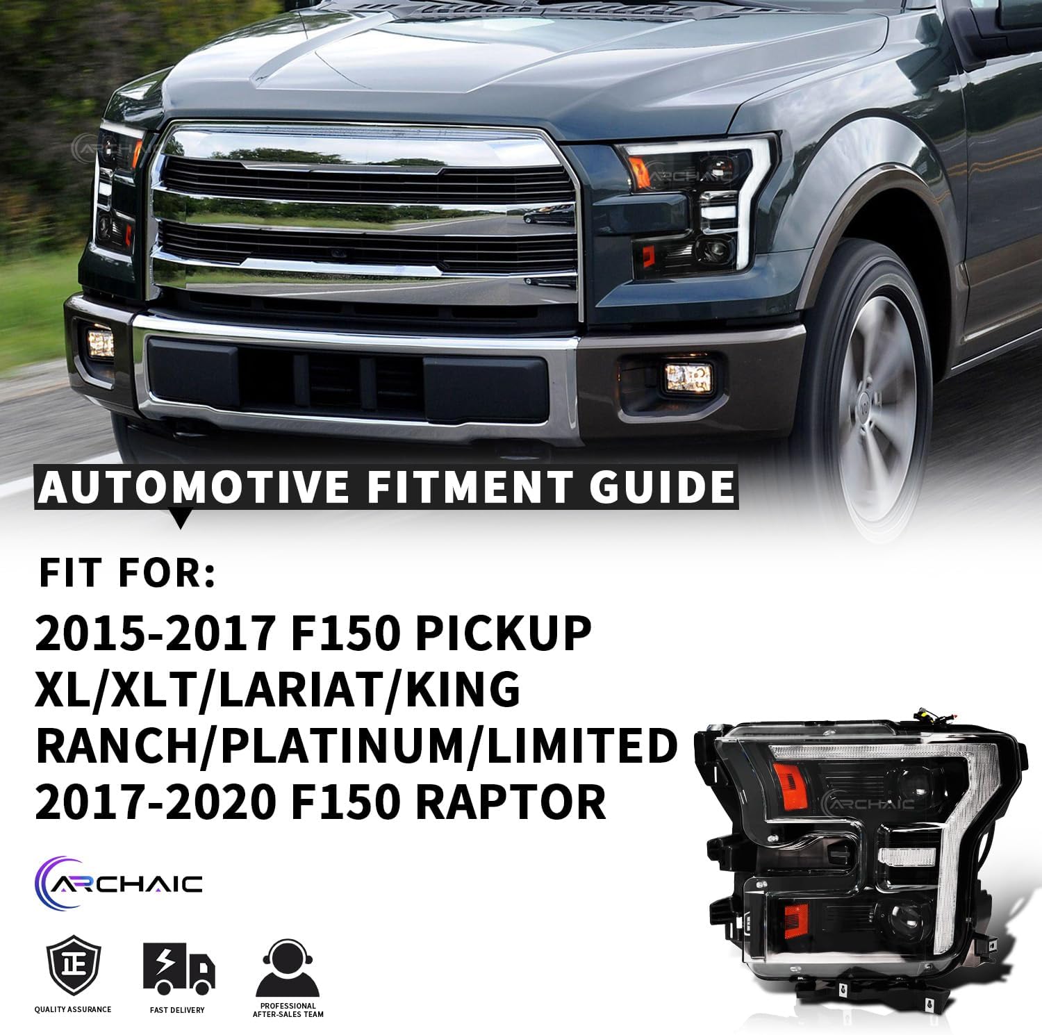 Archaic Headlights Assembly Compatible for Ford F150 2015-2017, Raptor 2017-2020, Projector Headlight with Sequential Turn Signal for F150 XL/XLT/LARIAT/KR/PLATINUM/LIMITED/RAPTOR, Plug&Play, Pair