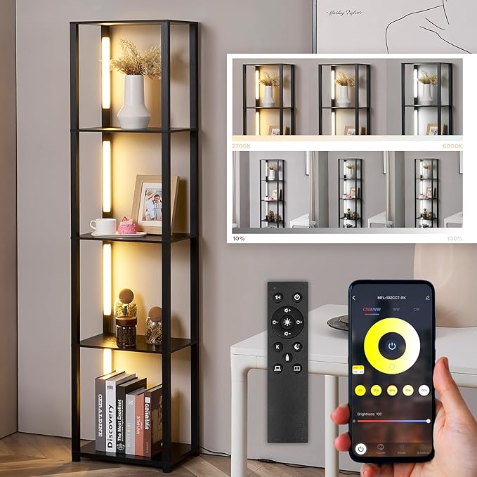 MITELSON LED Floor Lamp with Shelves, Shelf Lamp with Remote for Bedroom and Living Room, Corner Display Floor Lamps with Storage, Modern Dimmable Floor Lamp with 5-Tier Open Shelve (Black)