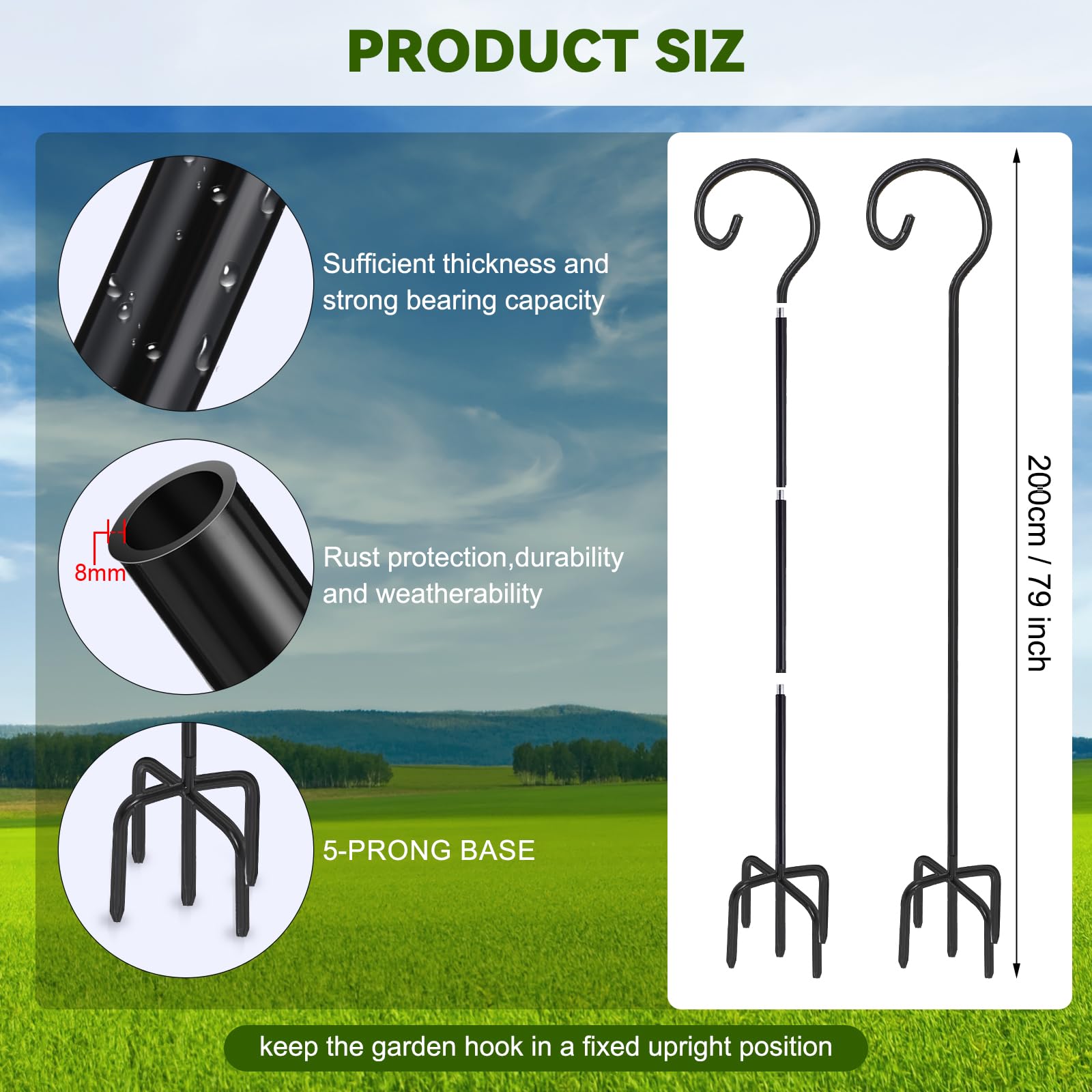 Hicarer 12 Pcs Shepherds Hooks for Outdoor 79 Inch 1/3 Inch Thick 5 Prong Base Metal Adjustable Heavy Duty Tall Garden Hook Bird Feeder Pole Outdoor Hanging Plant Basket Solar Light Lantern, Black