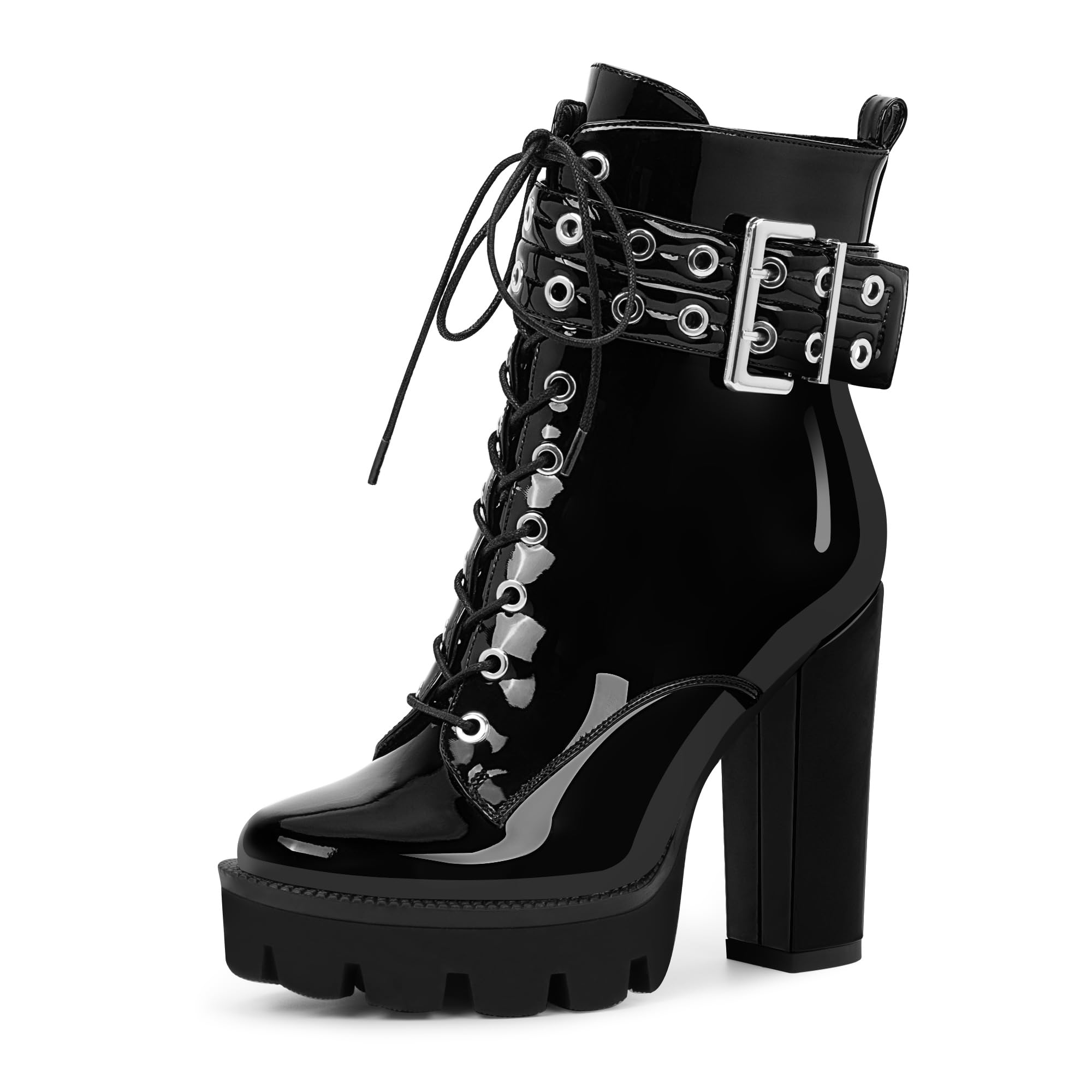 Odetina Women's Platform Chunky High Heel Ankle Boots Gothic Buckle Strap Lace Up Combat Booties