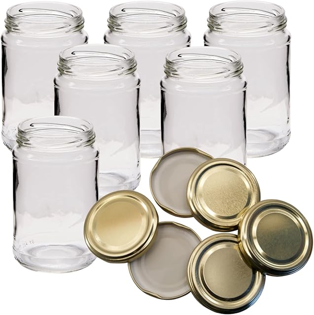Jam Jars - Pack of 6 x 1lb / 380ml Capacity - with Gold Twist Off Lids - (Choice of Lid Colours)