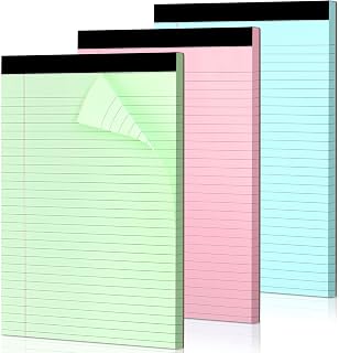 Bloc de notas legales de colores, paquete de 3 blocs de escritura de 8.5 x 11 pulgadas, cuadernos microperforados con respaldo resistente, rayas anchas, 30 hojas por bloc de escritura para escuela,