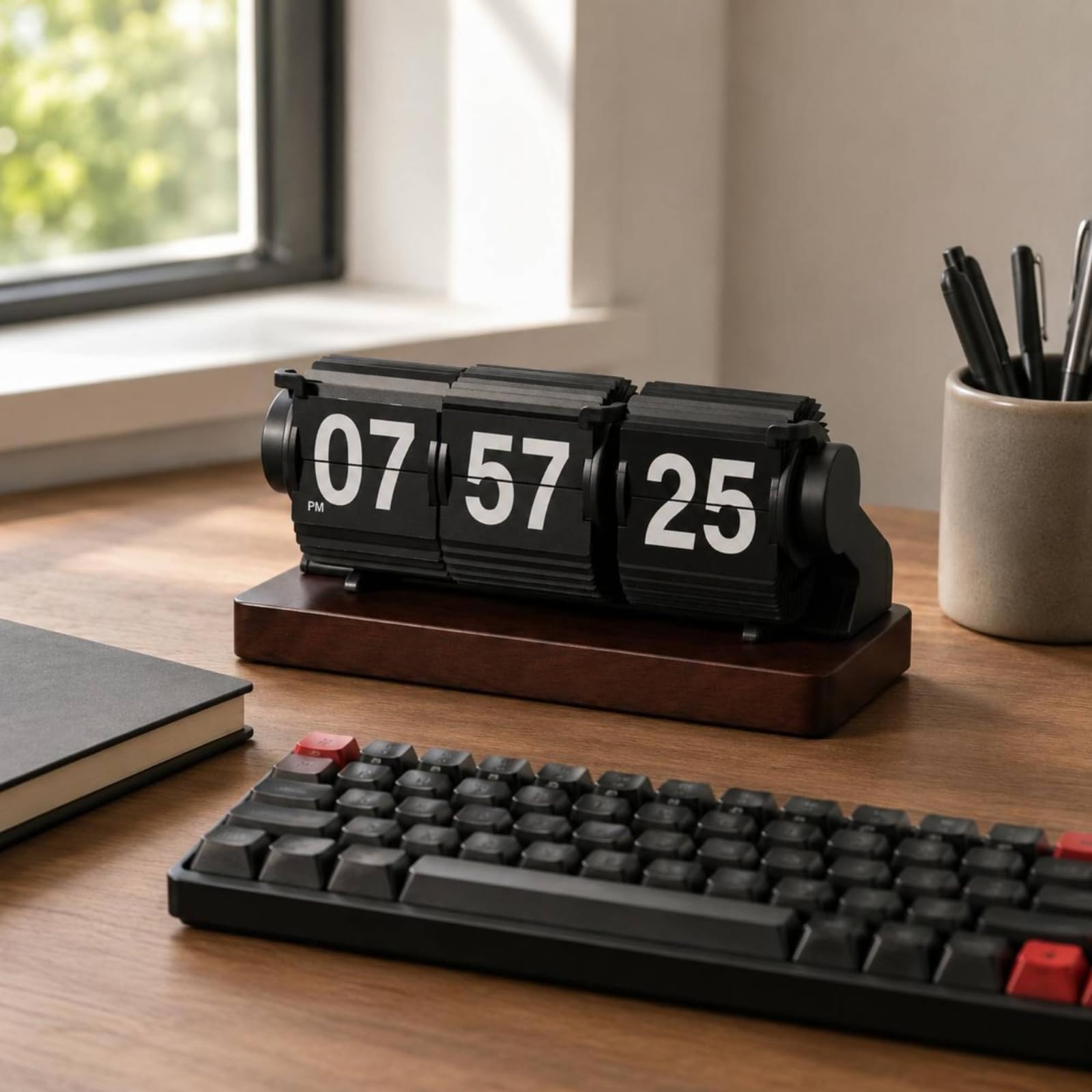 predolo Orologio da Scrivania Orologio Flip Orologio da Tavolo Timer da Ufficio Accessorio Minimal in PVC E Legno con Display a Cartellini Adatto per Scrivania Postazione Lavoro Casa, Nero