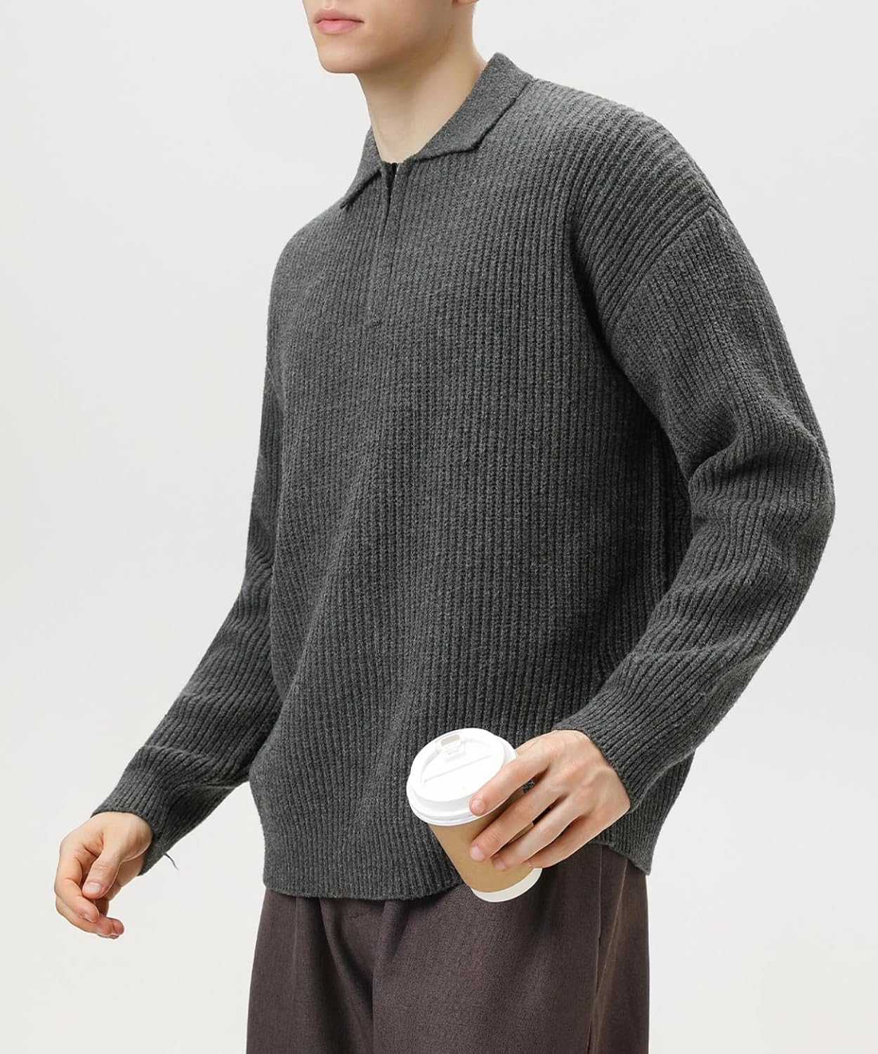POHADON Men Quarter Zip Up Collared Neck Sweater Vintage Aesthetic Chunky Grandpa Grunge Clothes Fall Winter Korean Fashion