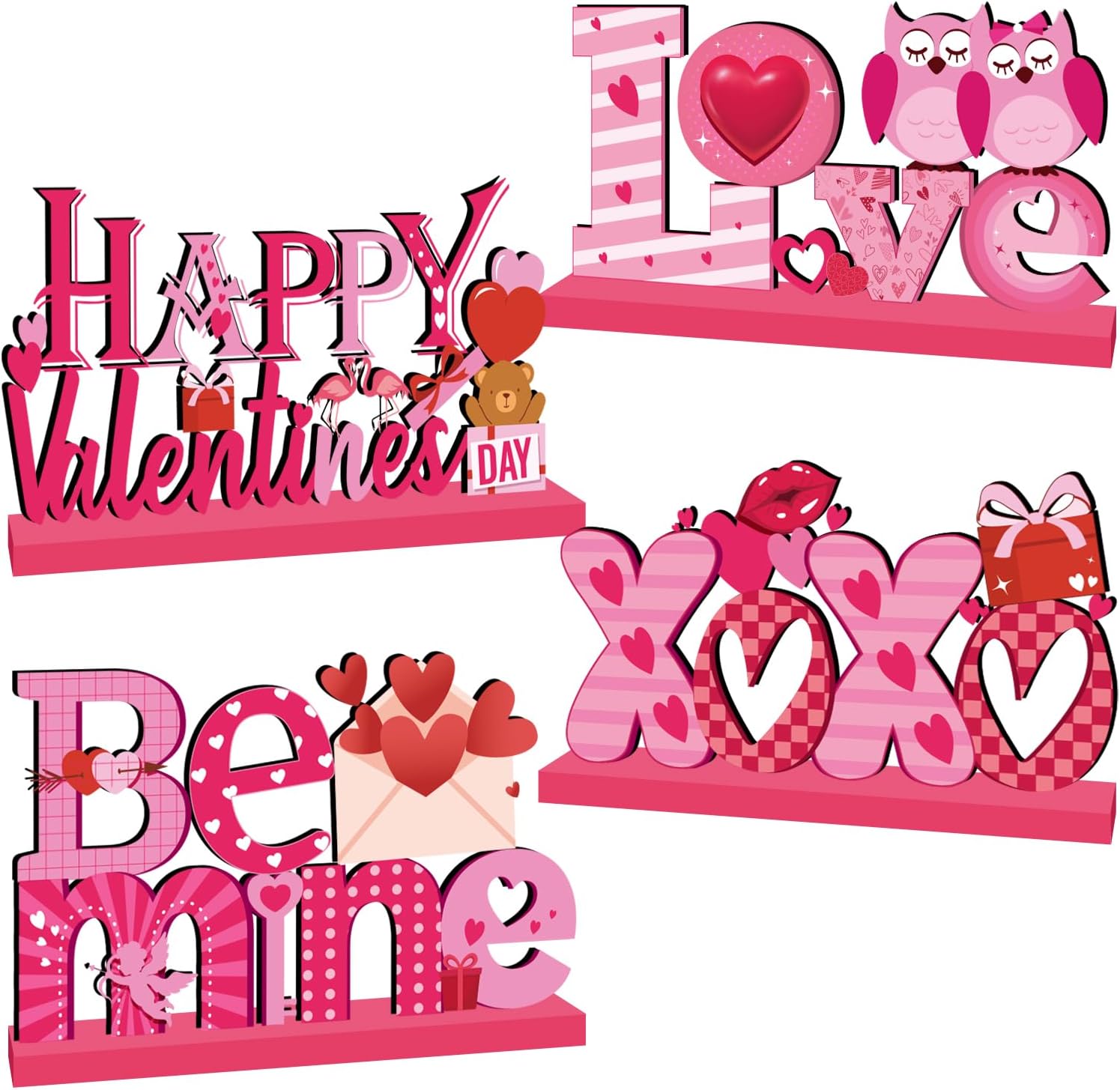4Pcs Valentines Day Decorations, Happy Valentines Day Wooden Table Centerpieces, XOXO Be Mine Valentines Day Table Decorations, Valentine Decorations for Home, Valentines Day Gifts