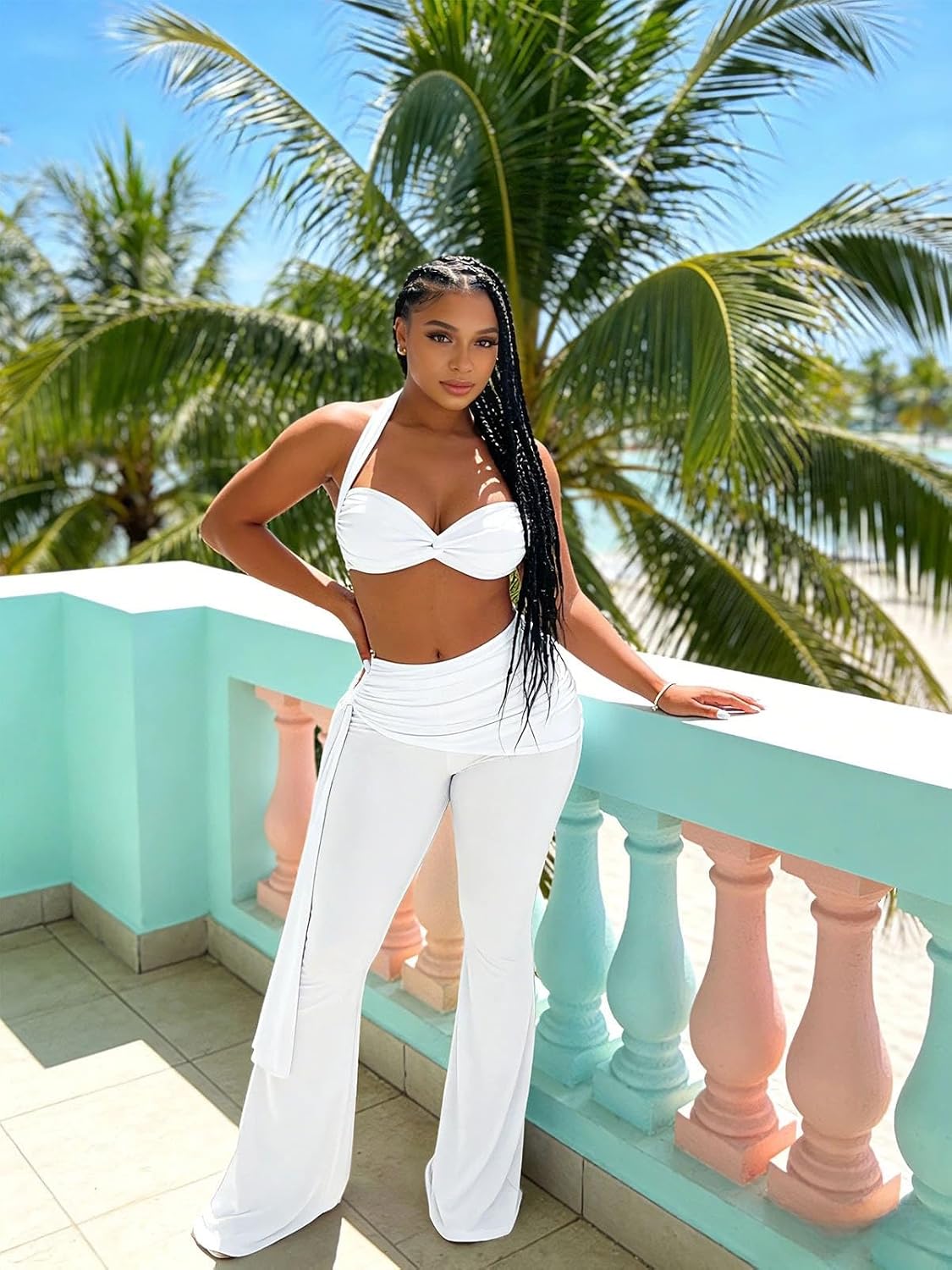 Women's Two Piece Outfits Halter Bandage Crop Top and High Waist Flare Pants Set Club Party Going Out Outfits
