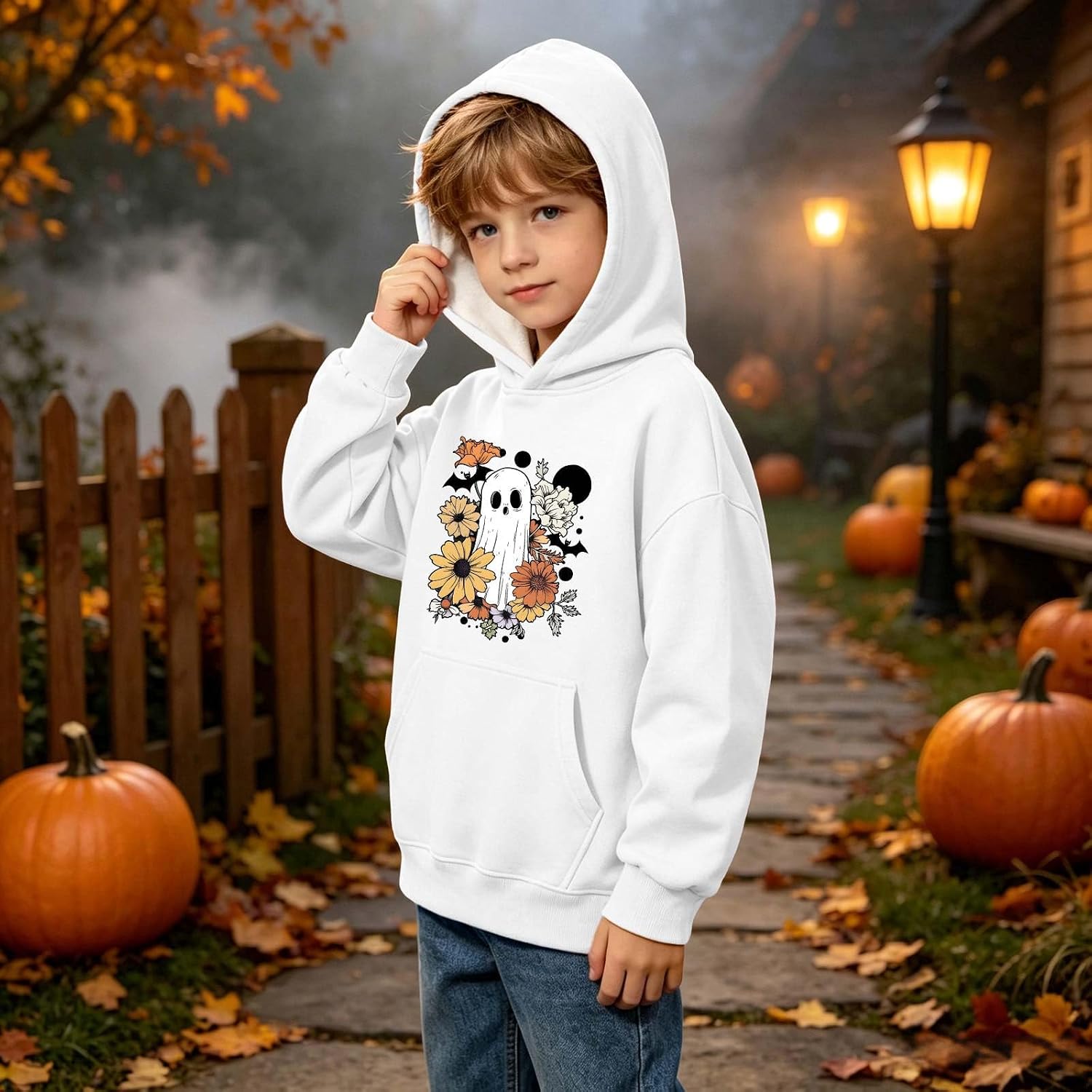 Girls Floral Ghost Bats Halloween Hoodie Sweatshirt Pullover Top