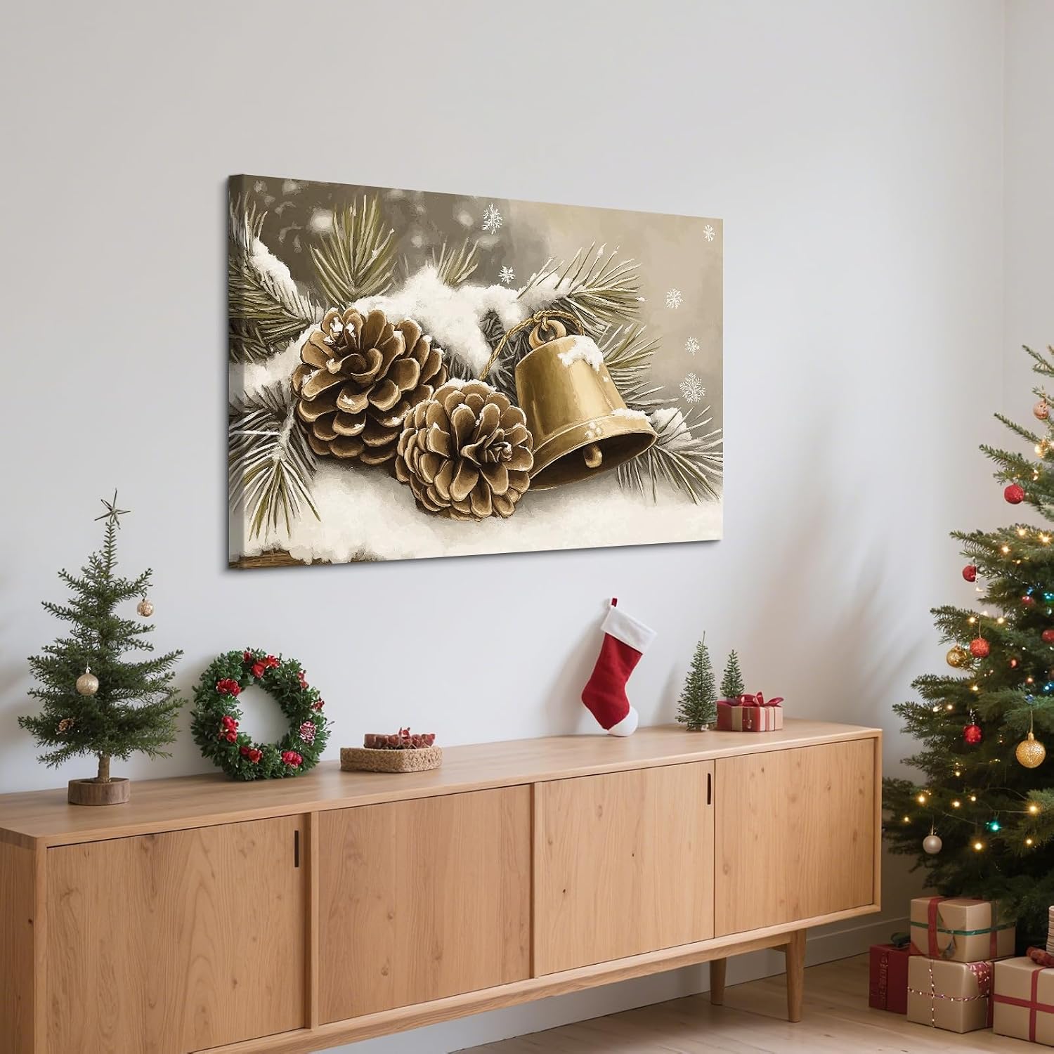Craftline - Bell and Pinecones Christmas Painting Print Art, Frosted Reindeer in Snow Winter Picture Country Nature Artwork Farmhouse Cottage Frame Wall Art Mantelpiece Holiday Decor 16x12inch
